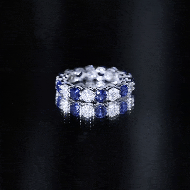 Certified Round Lab Grown Blue Sapphire Eternity Band Ring with Moissanite AAAA - Rosec Jewels