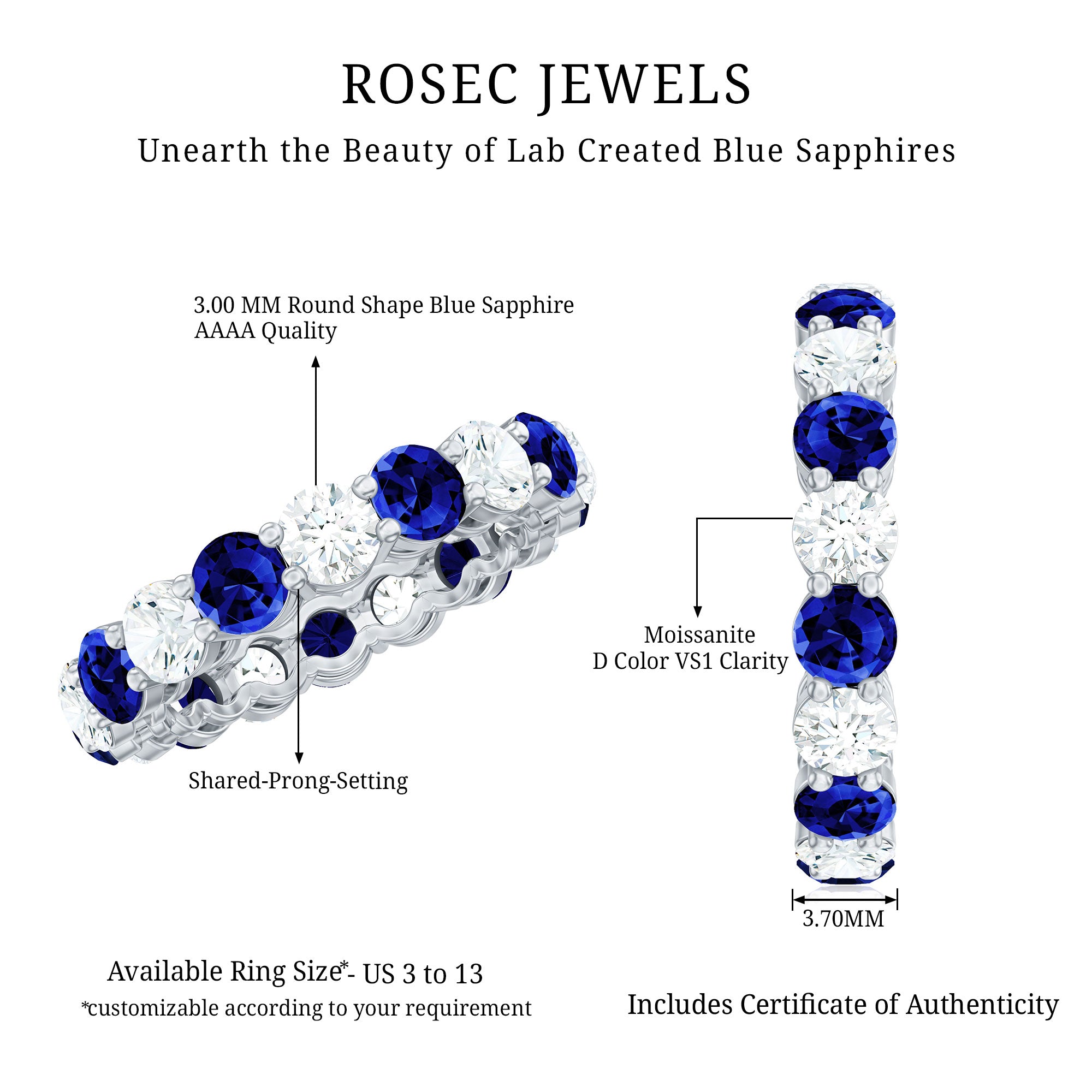 Certified Round Lab Grown Blue Sapphire Eternity Band Ring with Moissanite AAAA - Rosec Jewels