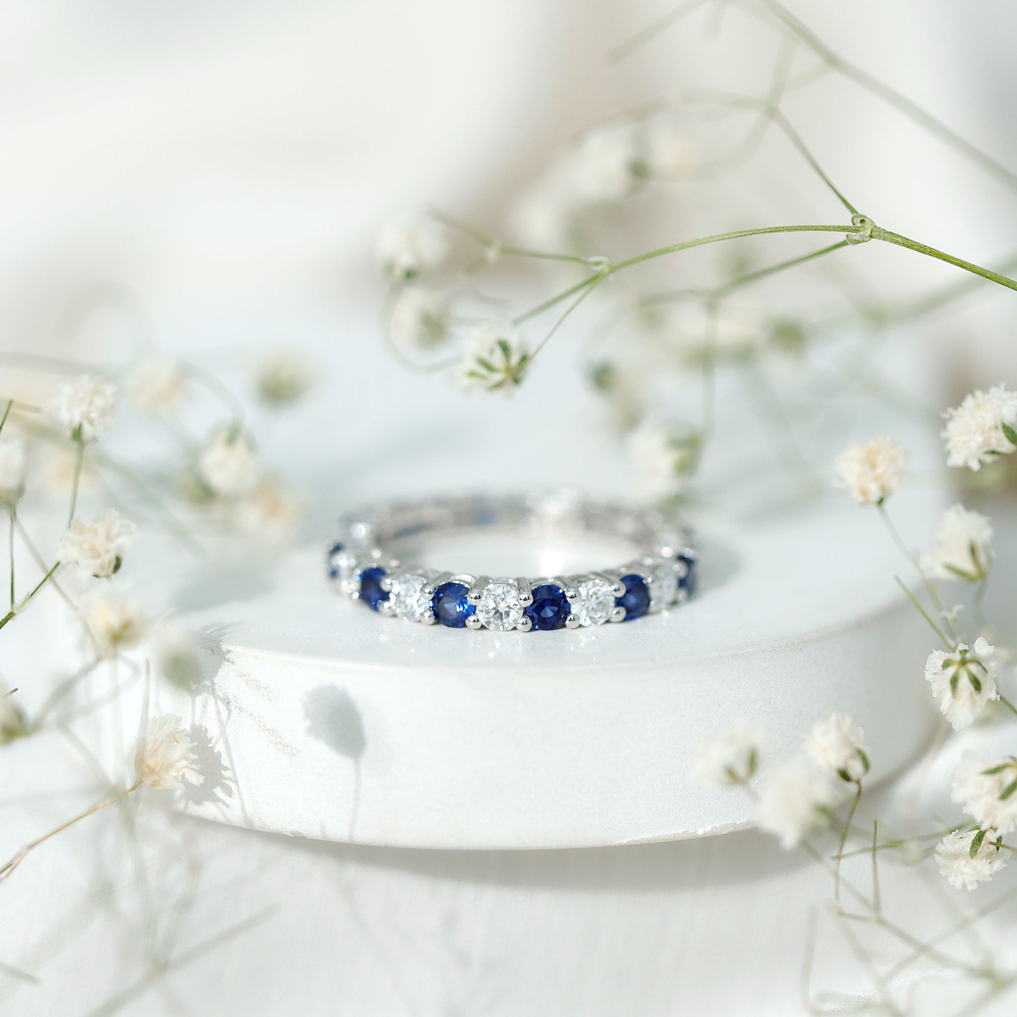 Certified Round Lab Grown Blue Sapphire Eternity Band Ring with Moissanite AAAA - Rosec Jewels