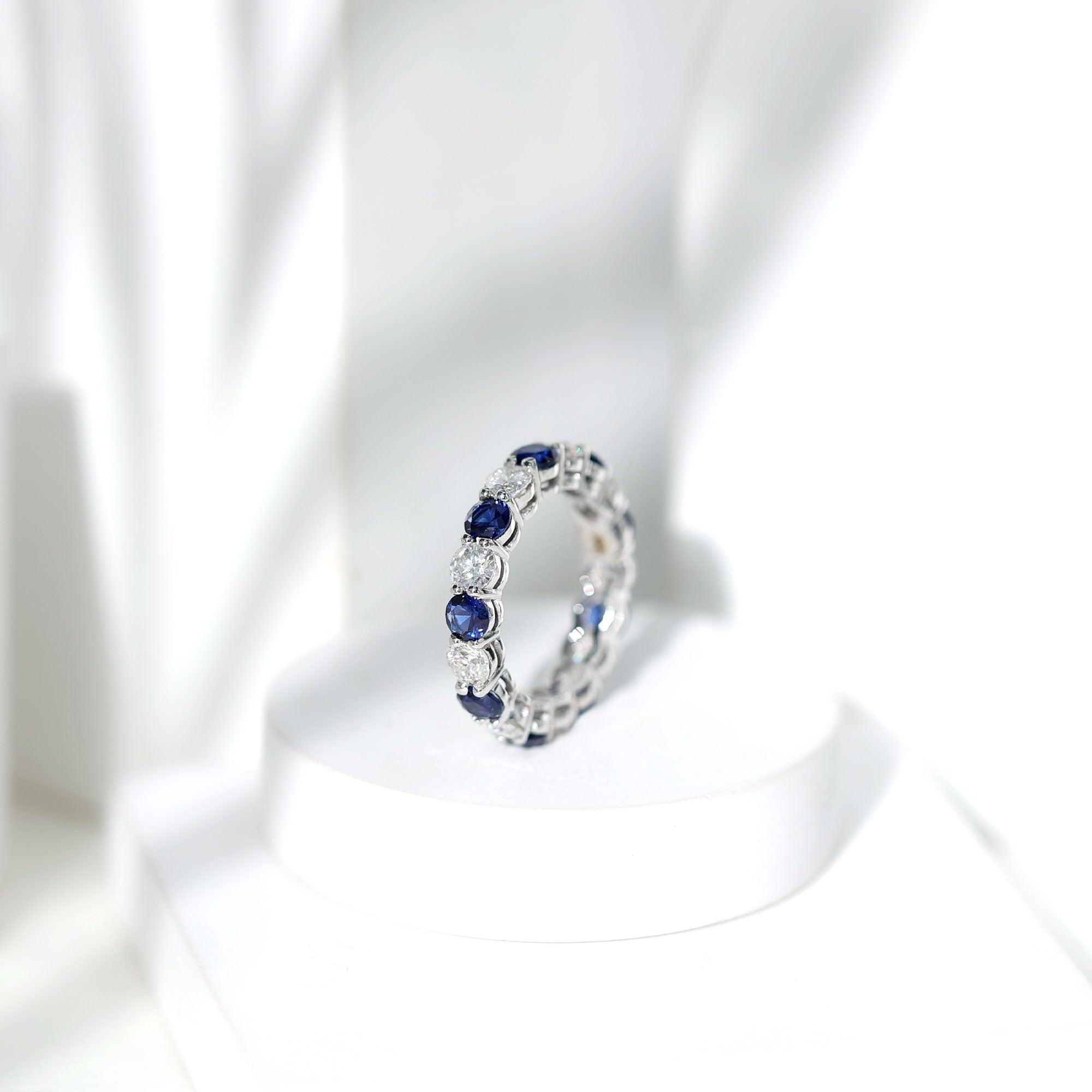 Certified Round Lab Grown Blue Sapphire Eternity Band Ring with Moissanite AAAA - Rosec Jewels