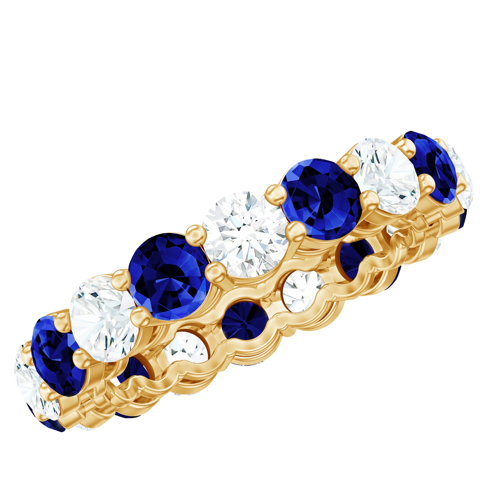 Certified Round Lab Grown Blue Sapphire Eternity Band Ring with Moissanite AAAA - Rosec Jewels