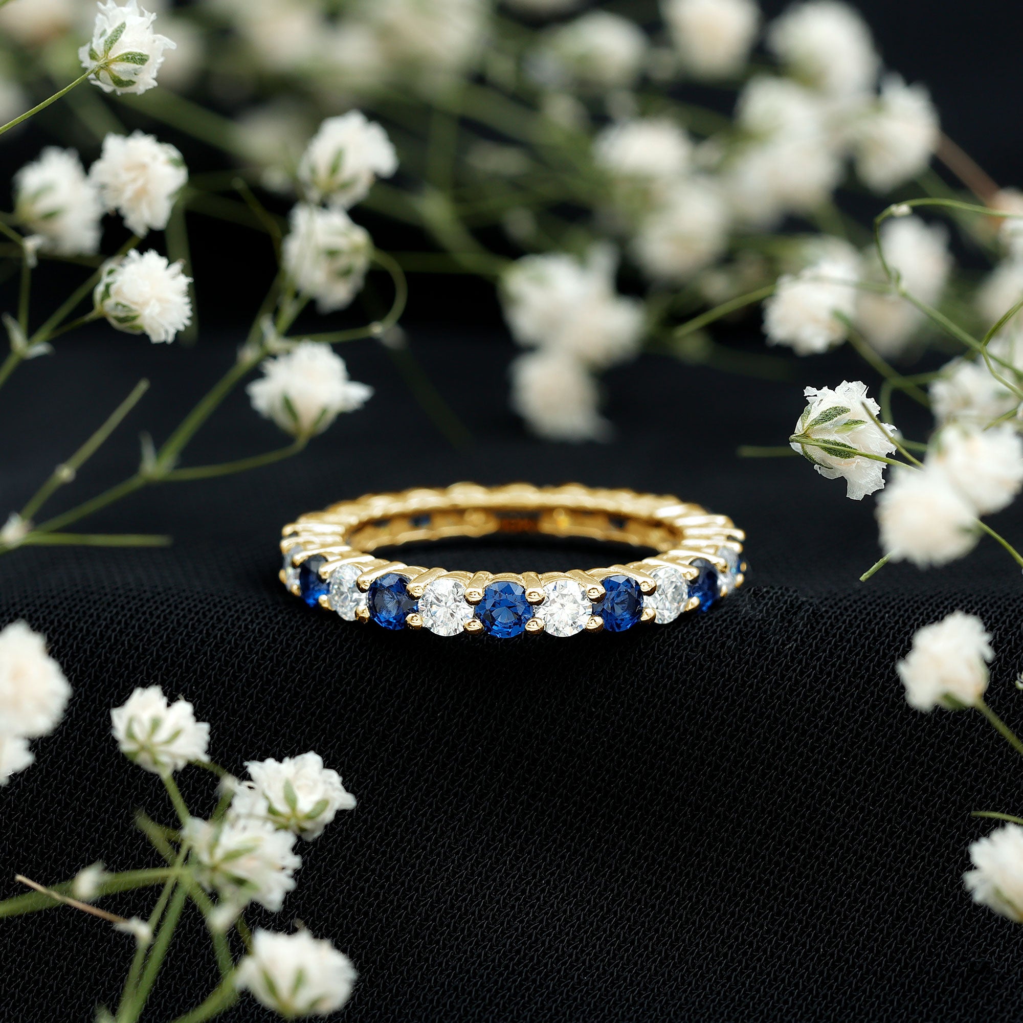 Certified Round Lab Grown Blue Sapphire Eternity Band Ring with Moissanite AAAA - Rosec Jewels