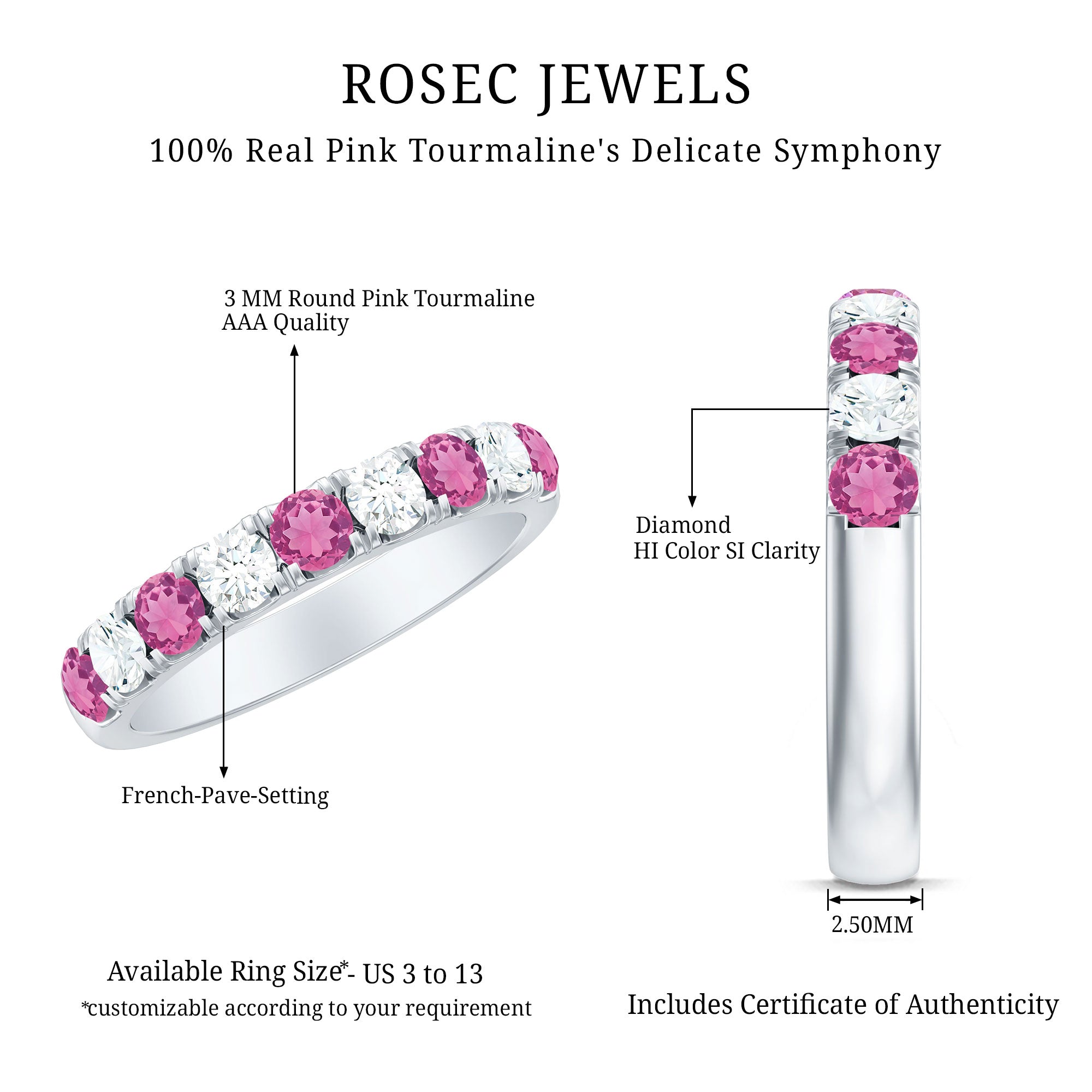 Natural Pink Tourmaline and Diamond Wedding Band Ring AAA - Rosec Jewels