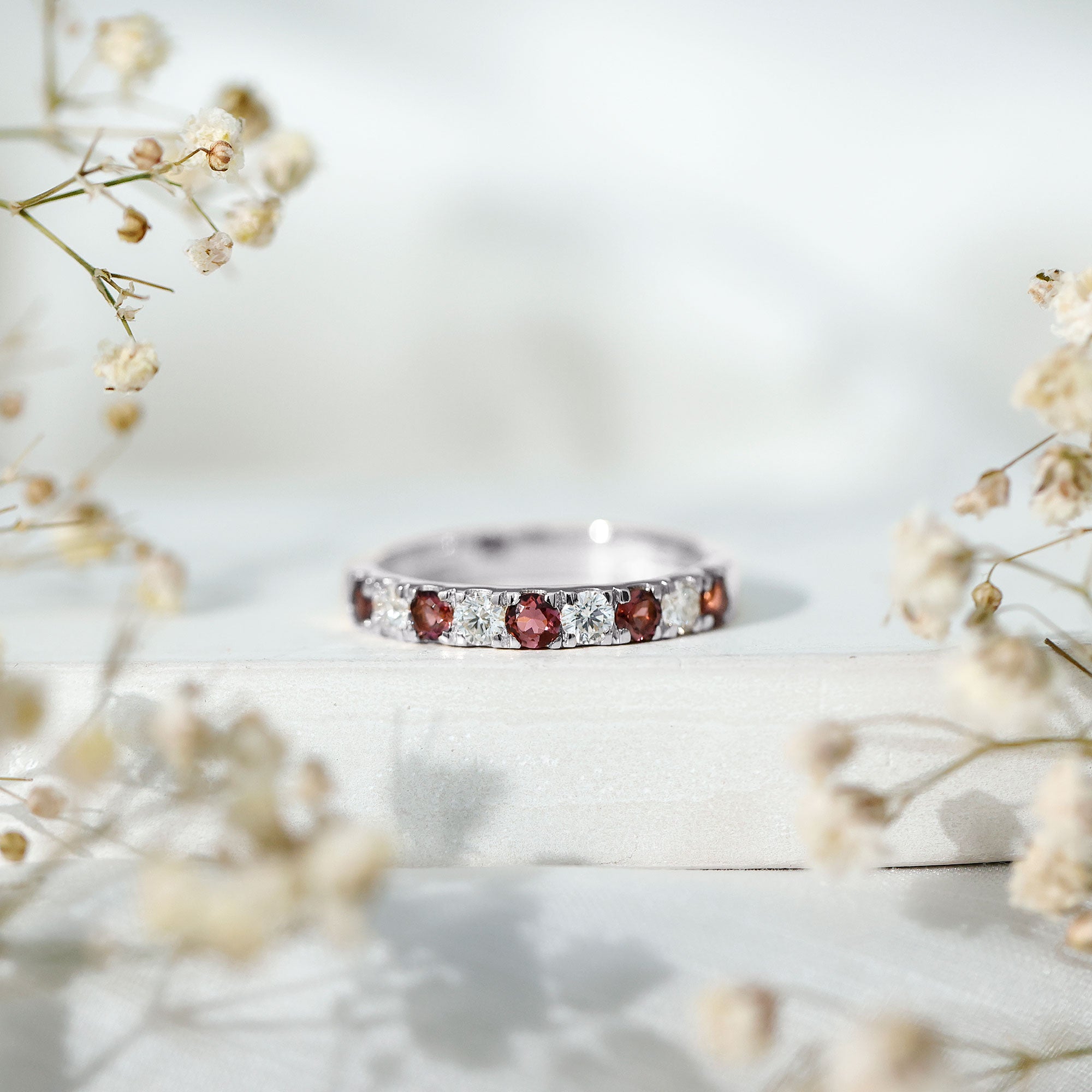 Natural Pink Tourmaline and Diamond Wedding Band Ring AAA - Rosec Jewels