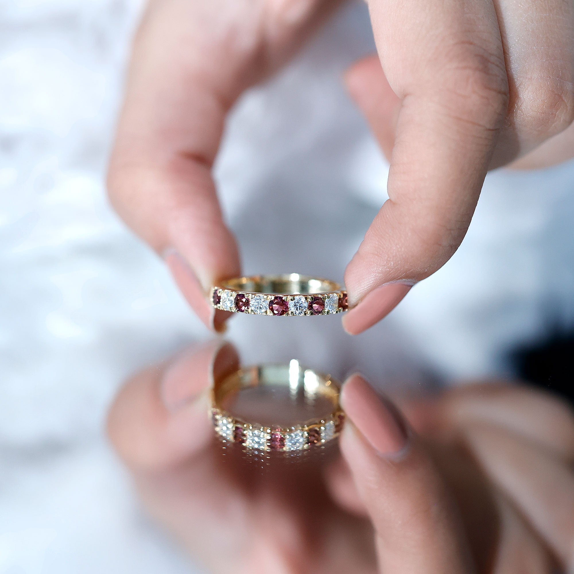 Natural Pink Tourmaline and Diamond Wedding Band Ring AAA - Rosec Jewels