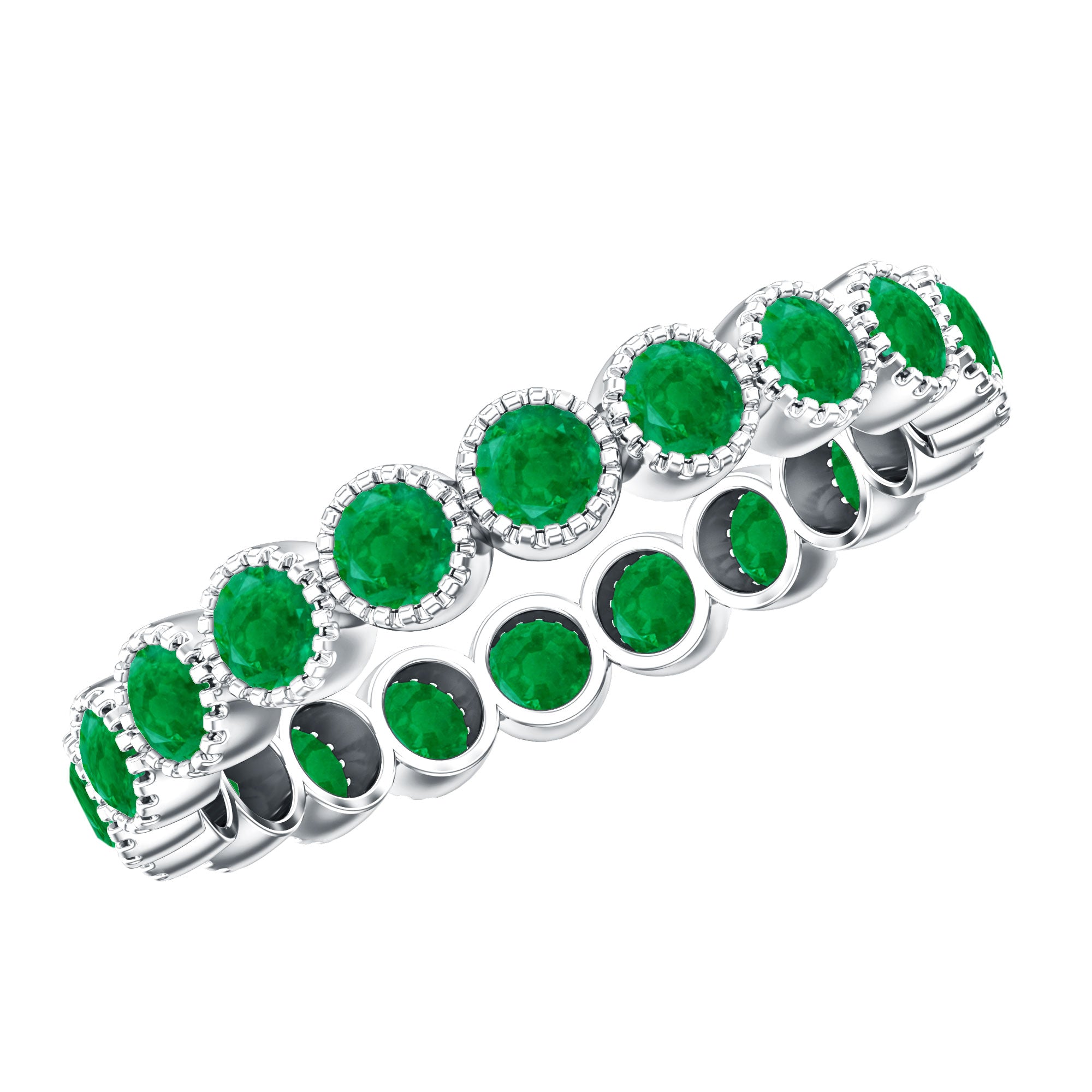 Milgrain Bezel Set Round Emerald Eternity Wedding Band AAA - Rosec Jewels