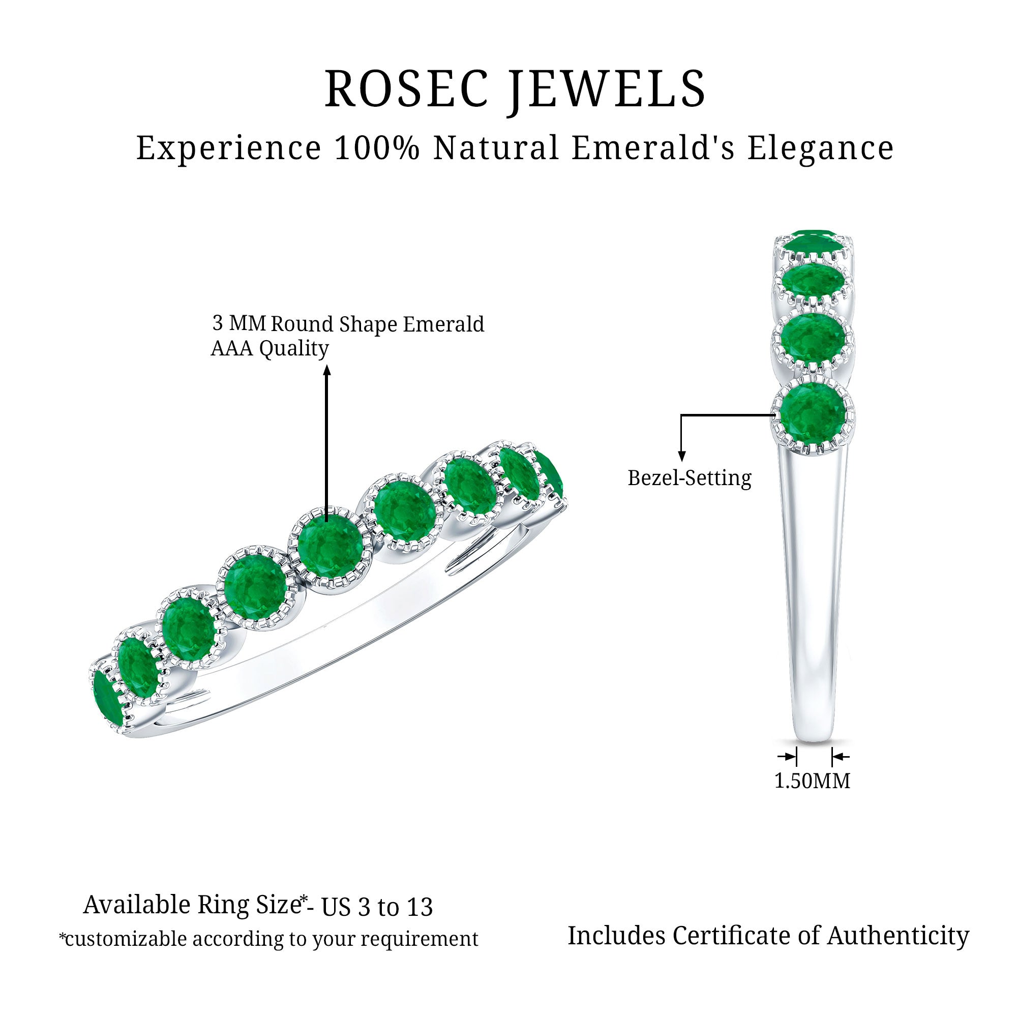 Milgrain Bezel Set Round Emerald Eternity Wedding Band AAA - Rosec Jewels