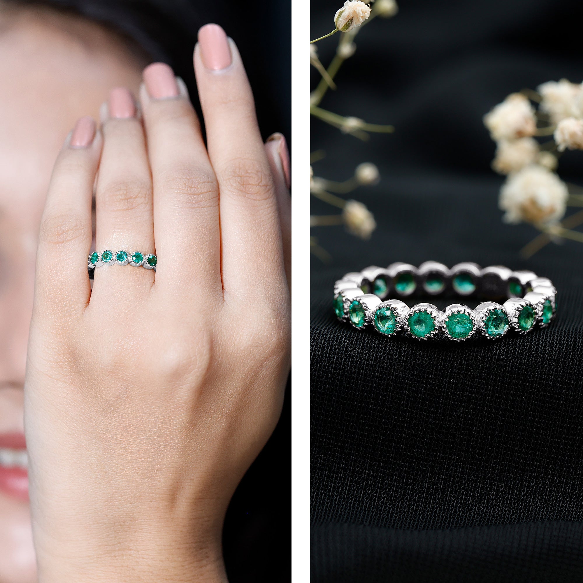 Milgrain Bezel Set Round Emerald Eternity Wedding Band AAA - Rosec Jewels