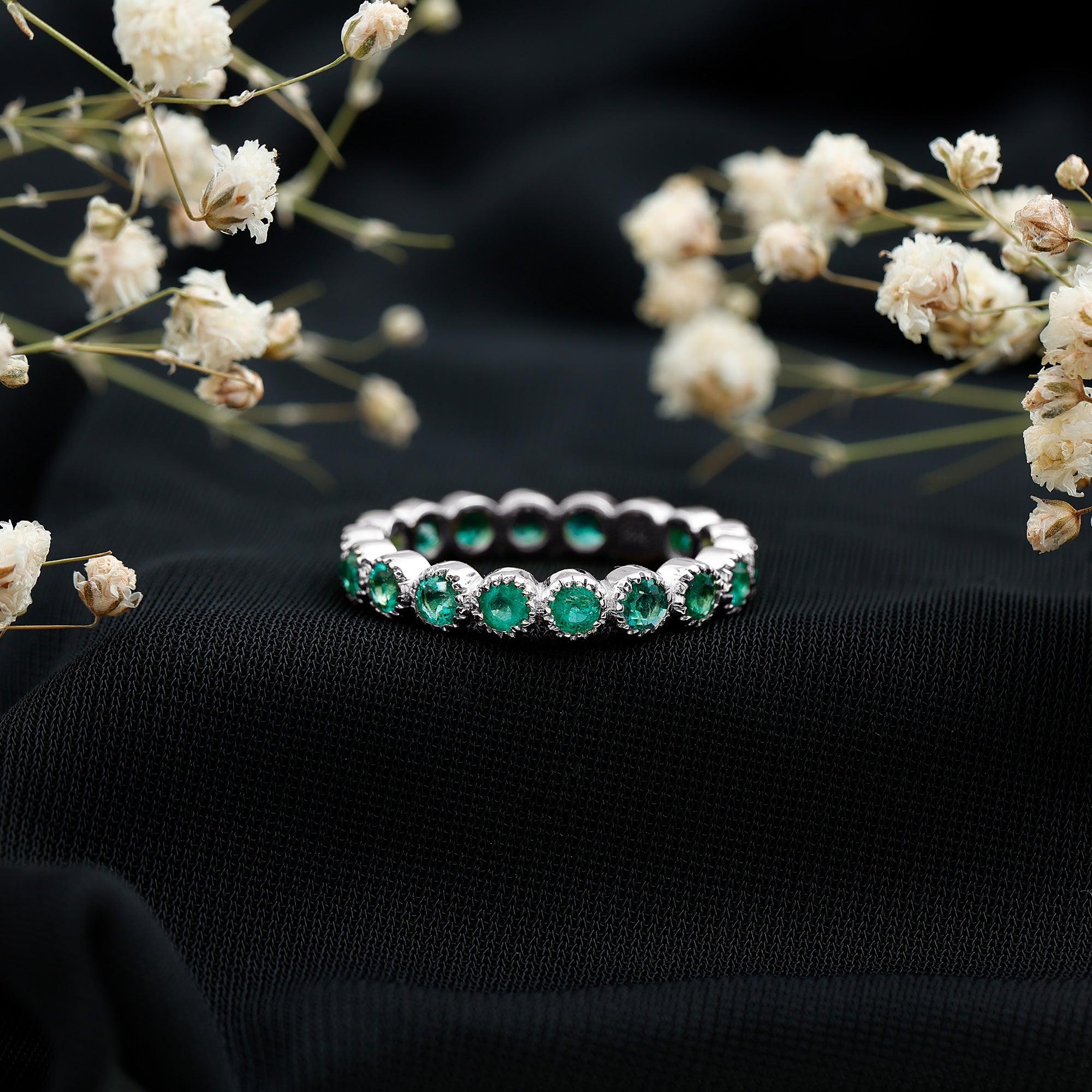 Milgrain Bezel Set Round Emerald Eternity Wedding Band AAA - Rosec Jewels