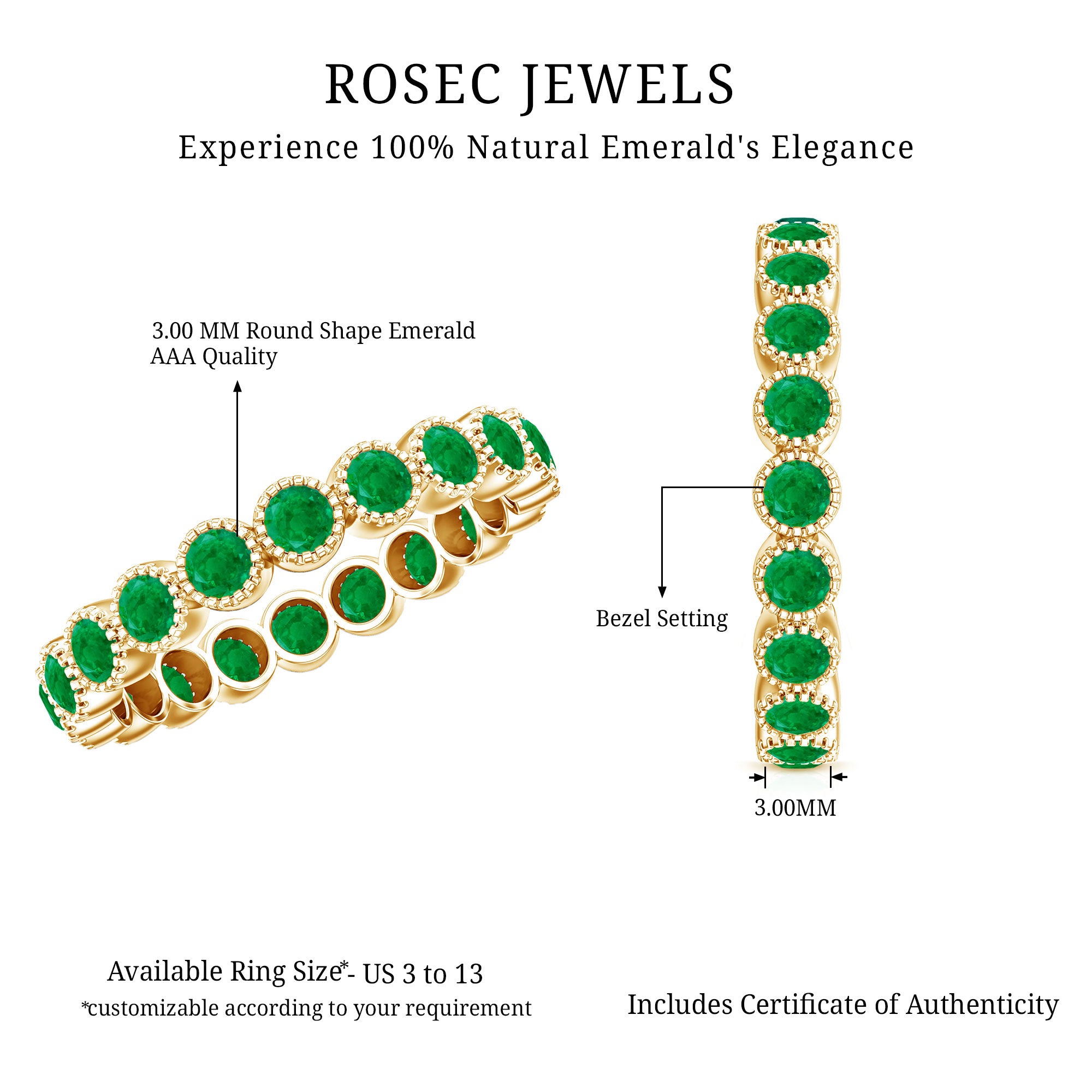 Milgrain Bezel Set Round Emerald Eternity Wedding Band AAA - Rosec Jewels