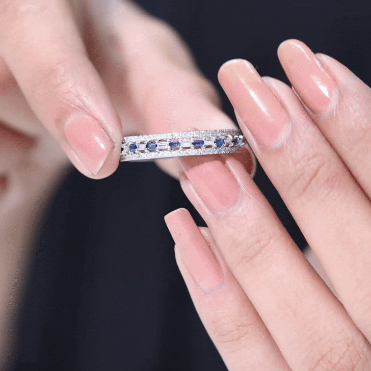 Baguette Cut Lab Grown Blue Sapphire and Moissanite Wedding Band AAAA - Rosec Jewels