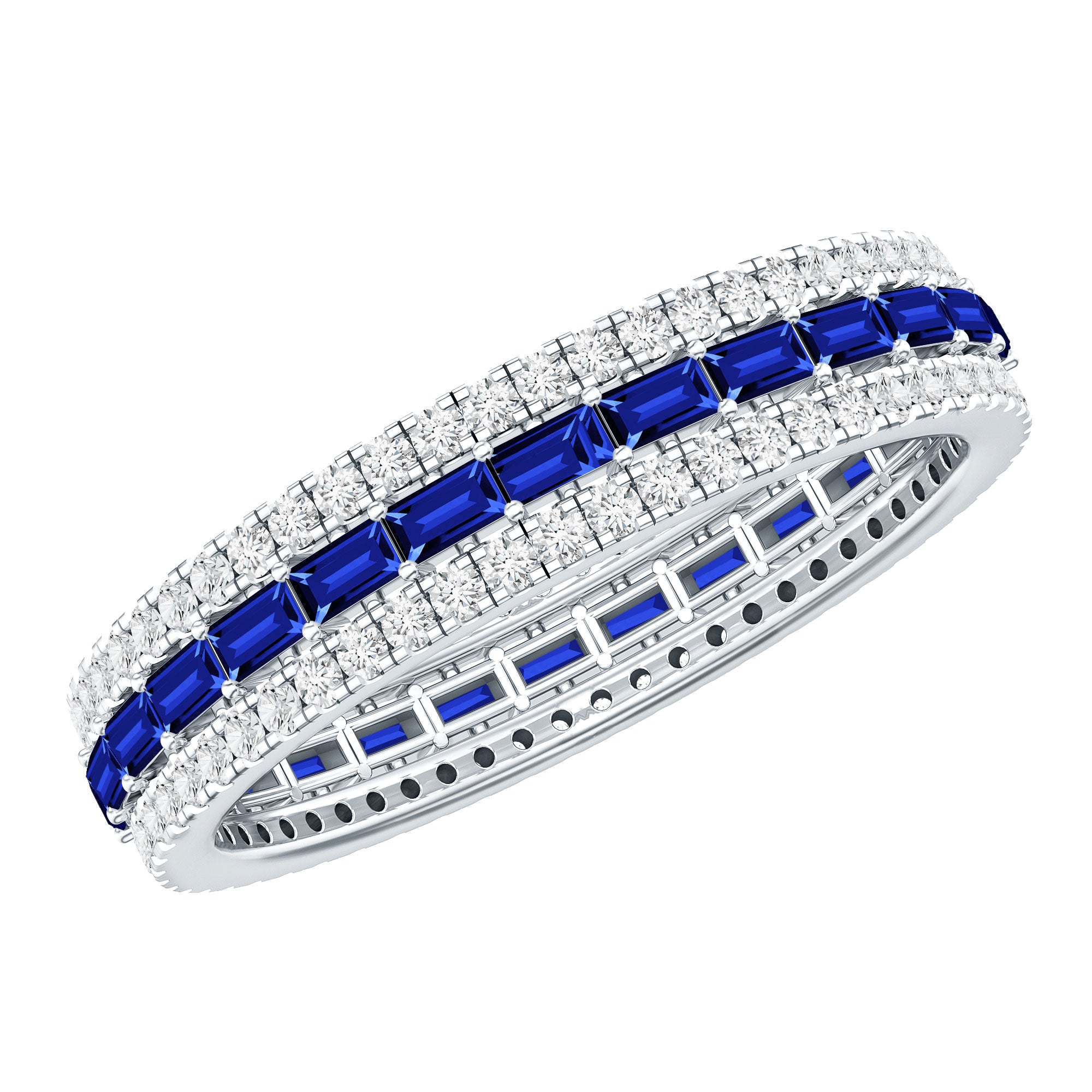 Baguette Cut Lab Grown Blue Sapphire and Moissanite Wedding Band AAAA - Rosec Jewels
