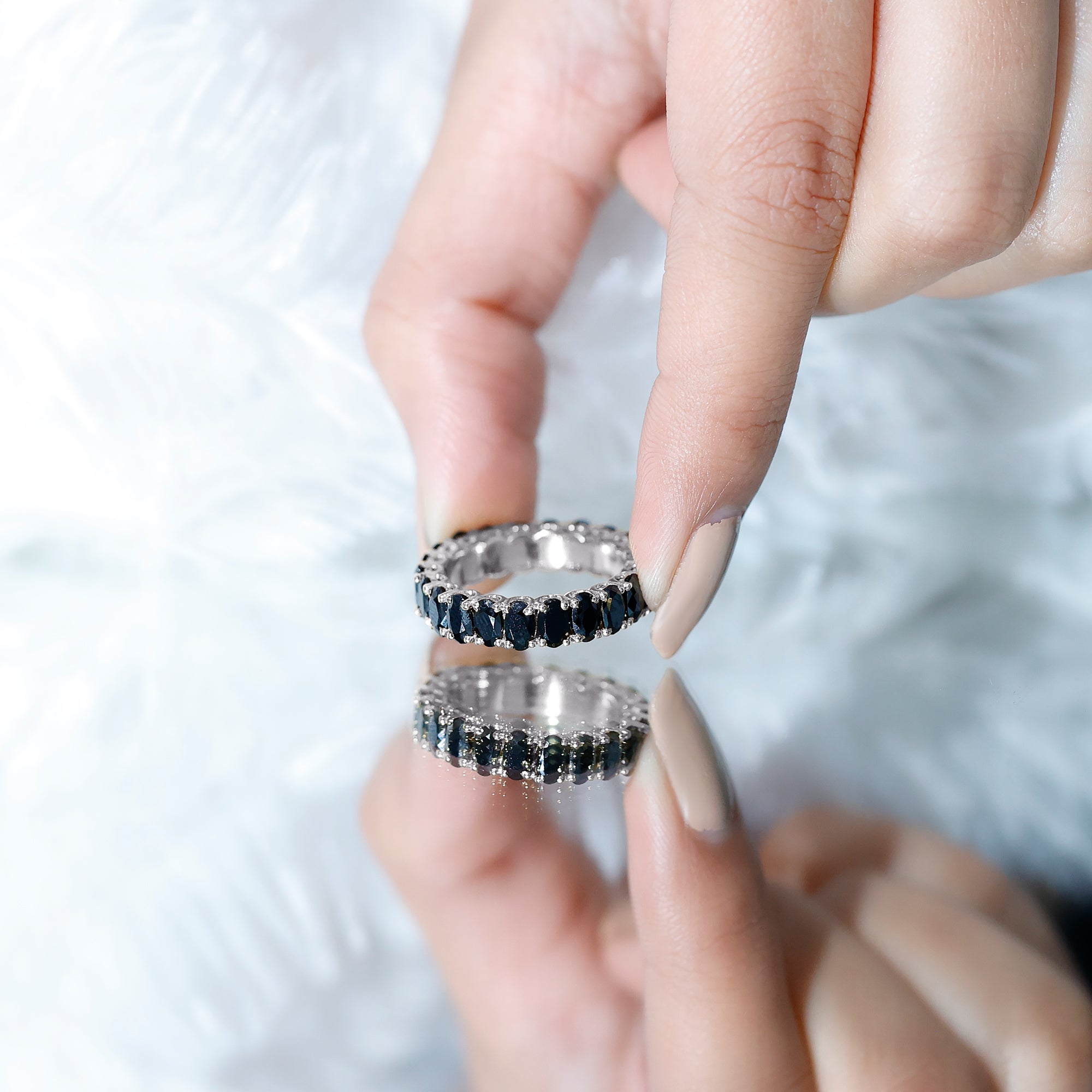 Oval Shaped Black Onyx Wedding Band for Women AAA - Rosec Jewels