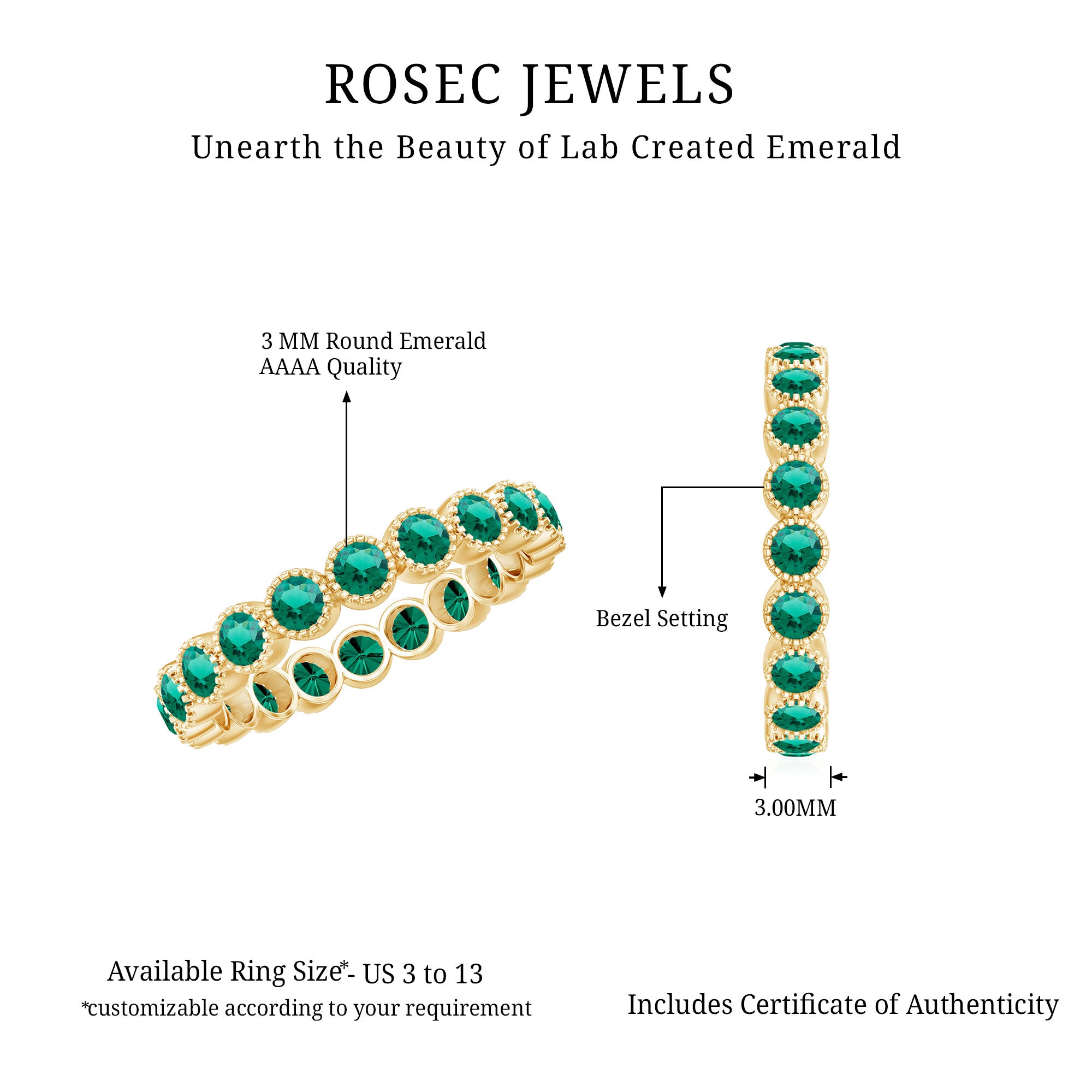 Certified Lab Created Emerald Full Eternity Band Ring in Bezel Setting AAAA - Rosec Jewels