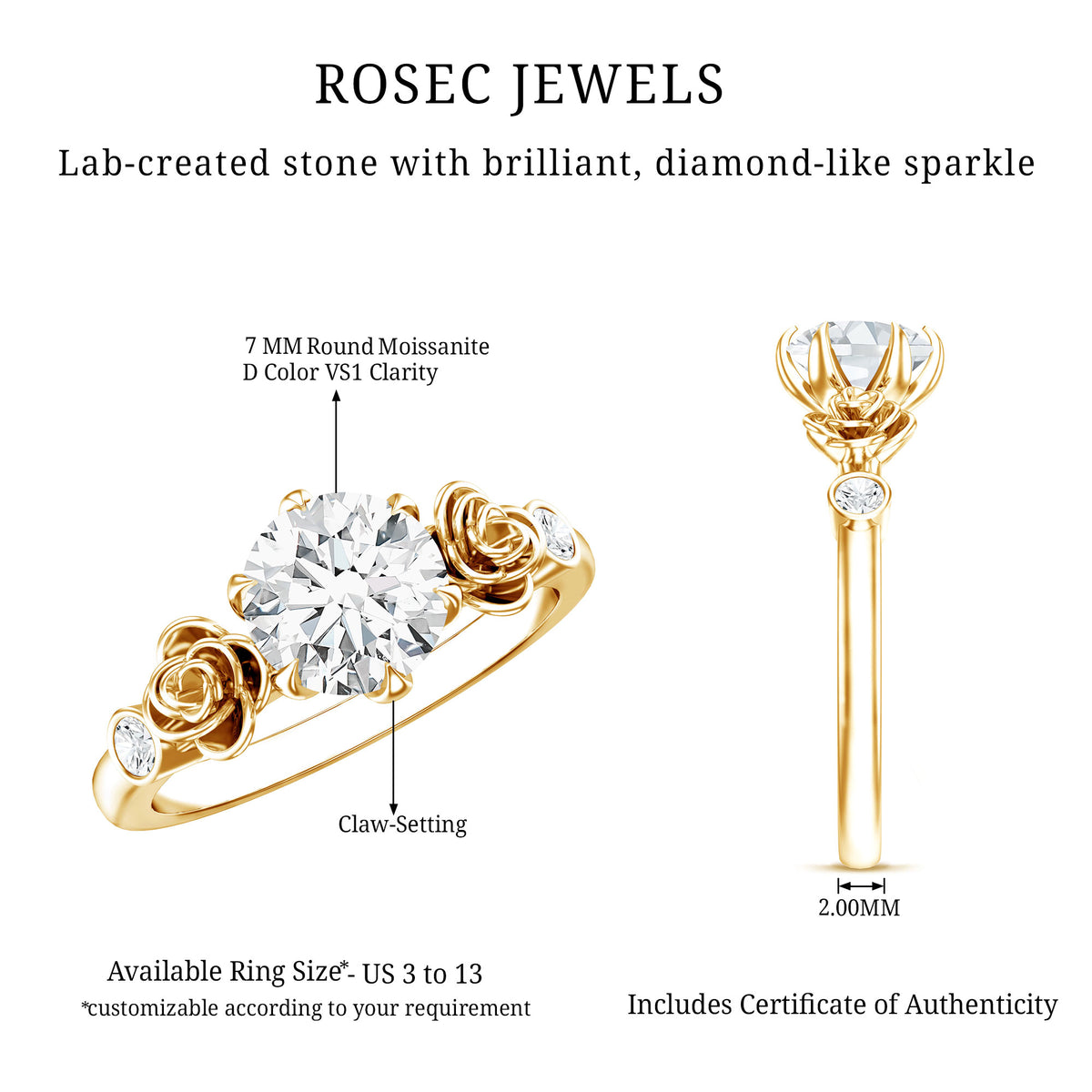 Brilliant Cut Moissanite Rose Engagement Ring For Women D-VS1 - Rosec Jewels