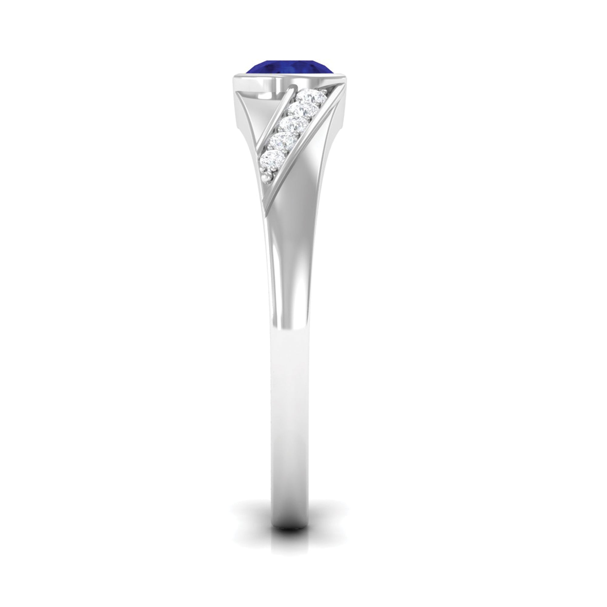 Bezel Set Blue Sapphire and Diamond Engagement Ring for Men AAA - Rosec Jewels