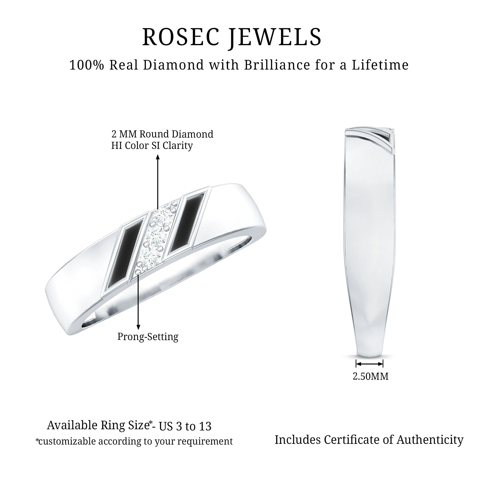 Rosec Jewels-Natural Mens Diamond Wedding Band with Black Enamel