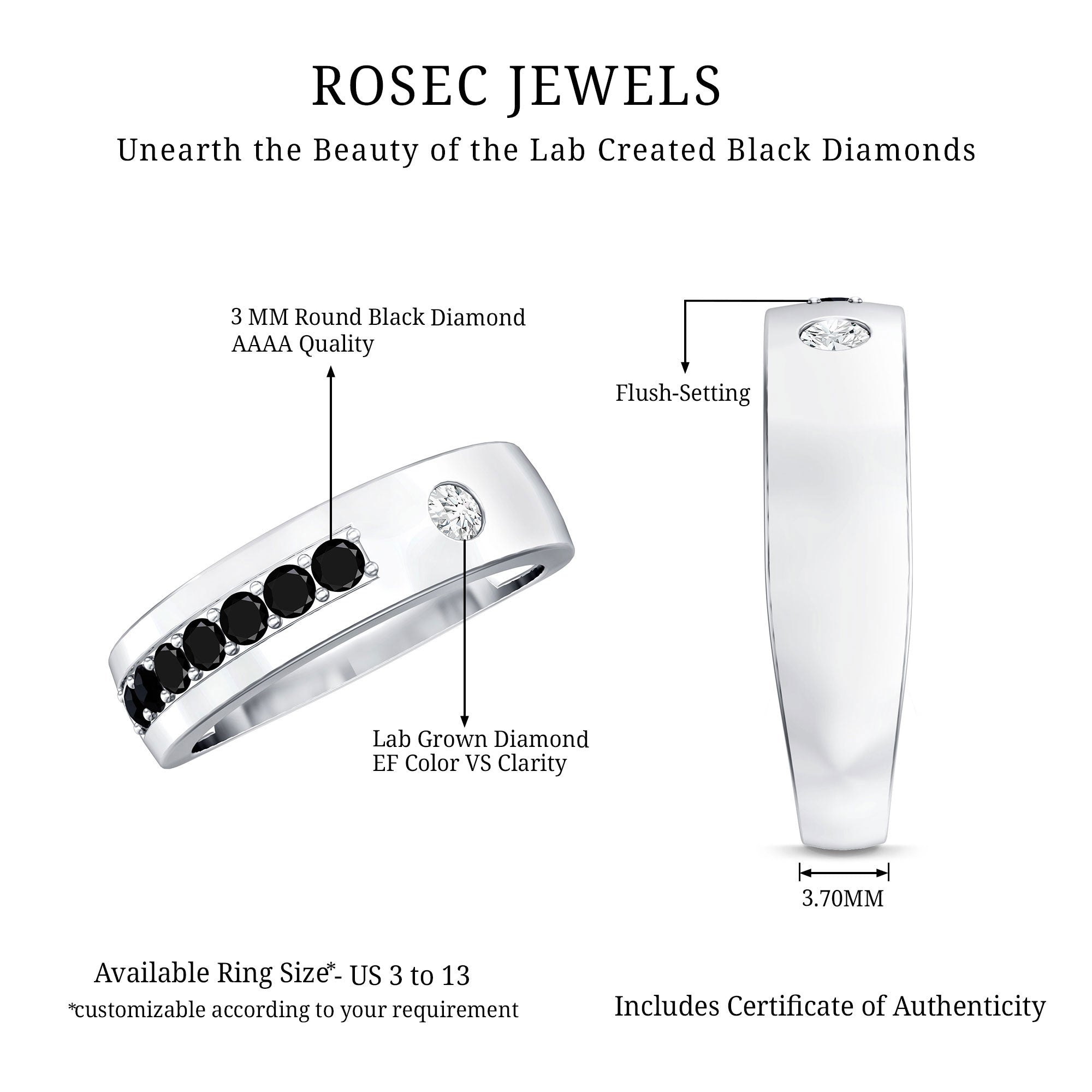 Certified Lab Grown Black and White Diamond Wedding Band AAAA ( Synthetic ) - Rosec Jewels