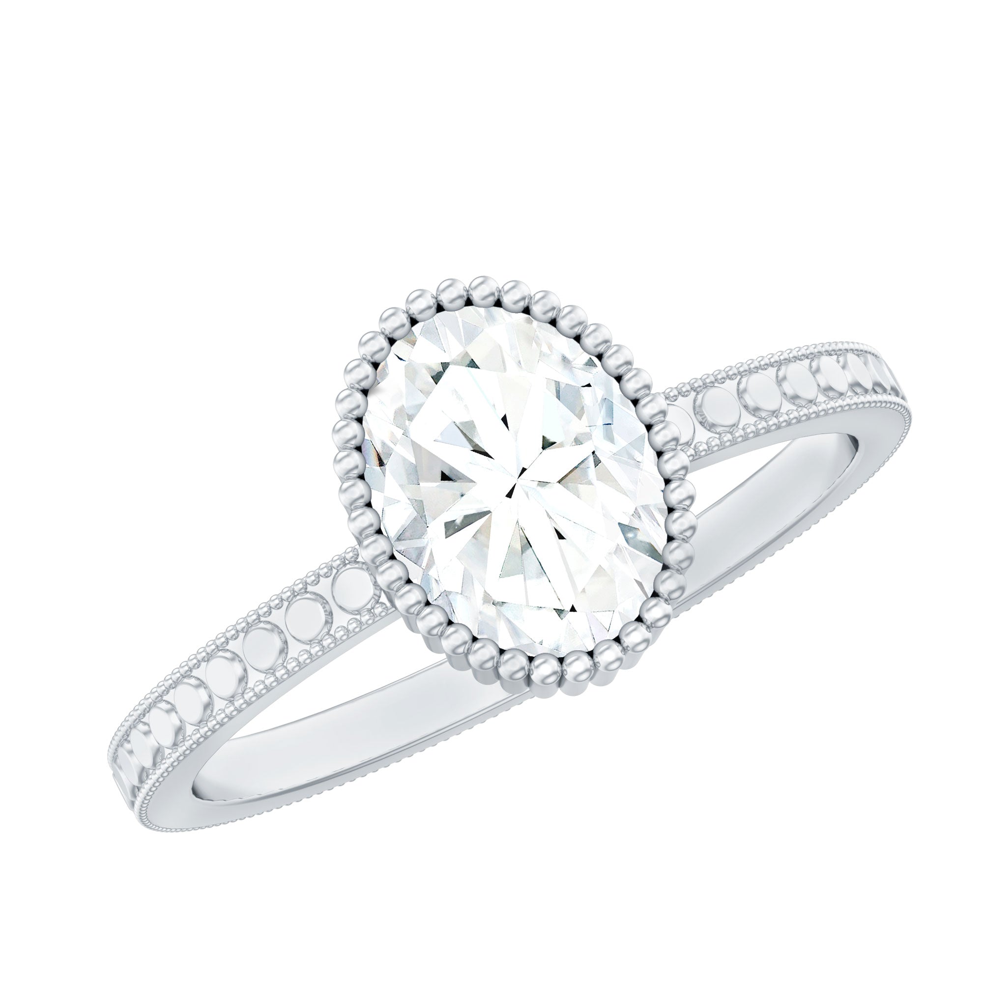 Ovale vorm Moissanite Solitaire verlovingsring met kralendetails