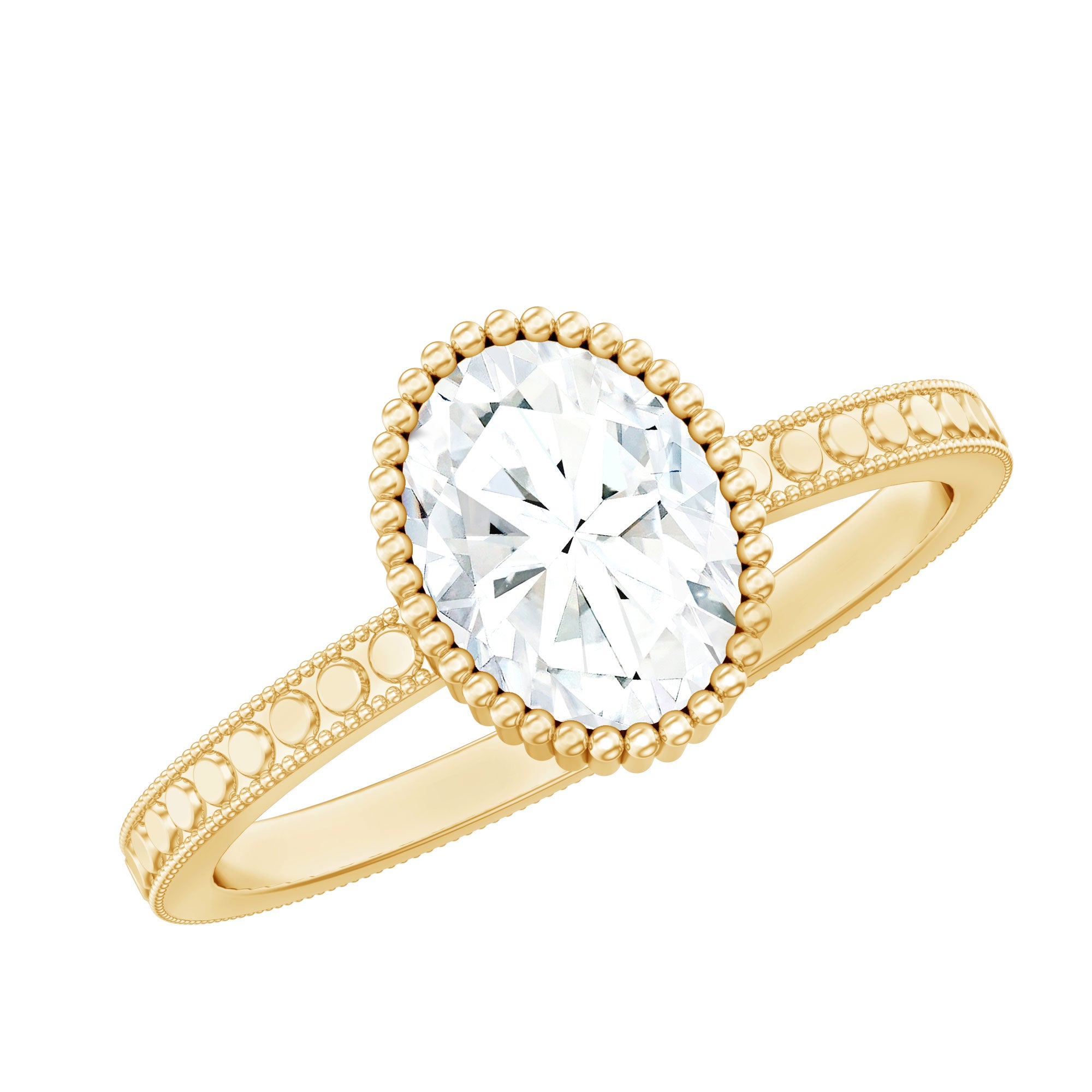 Solitaire Moissanite Oval Engagement Ring with Beaded Detailing D-VS1 - Rosec Jewels