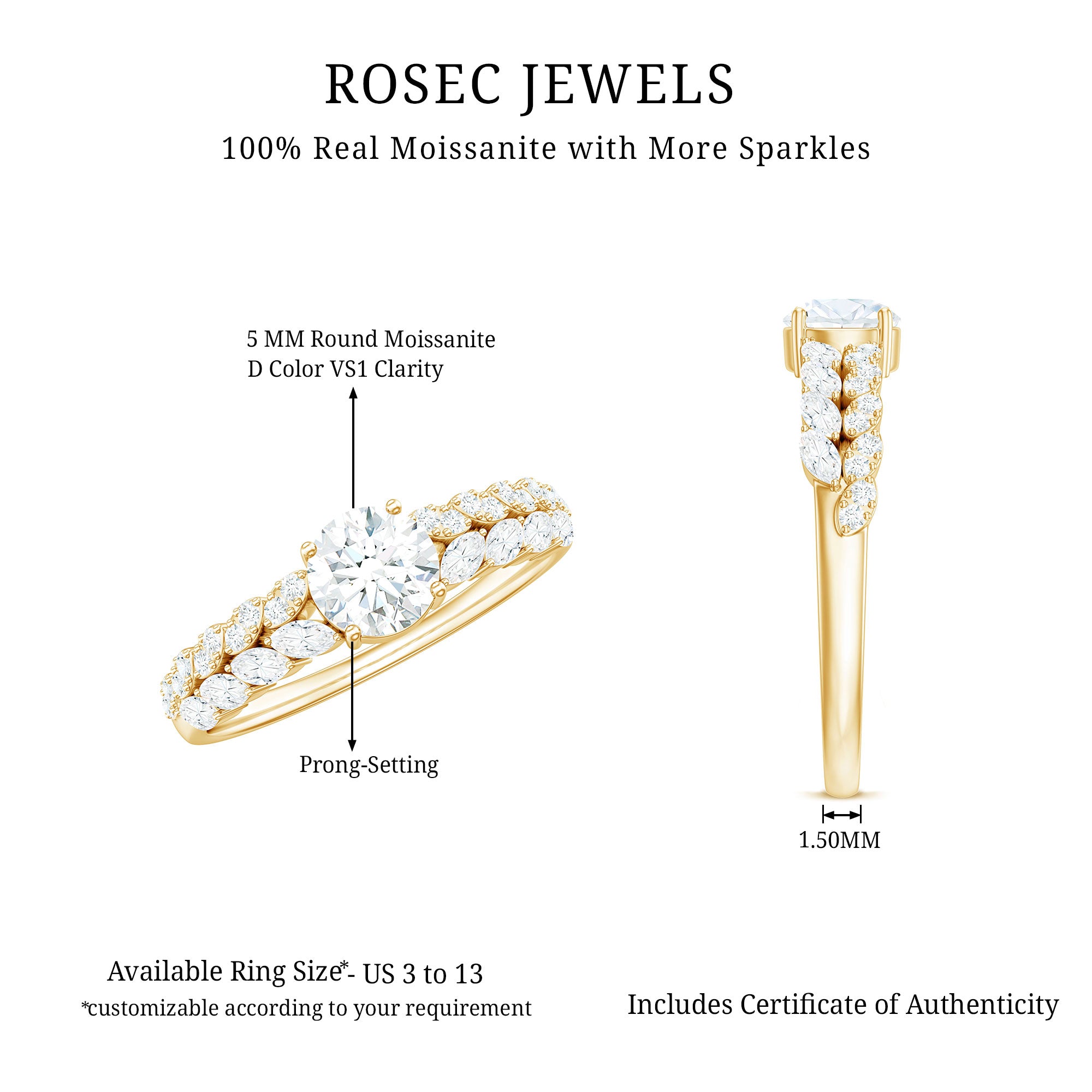 Round Shape Moissanite Engagement Ring with Marquise Side Stones D-VS1 - Rosec Jewels