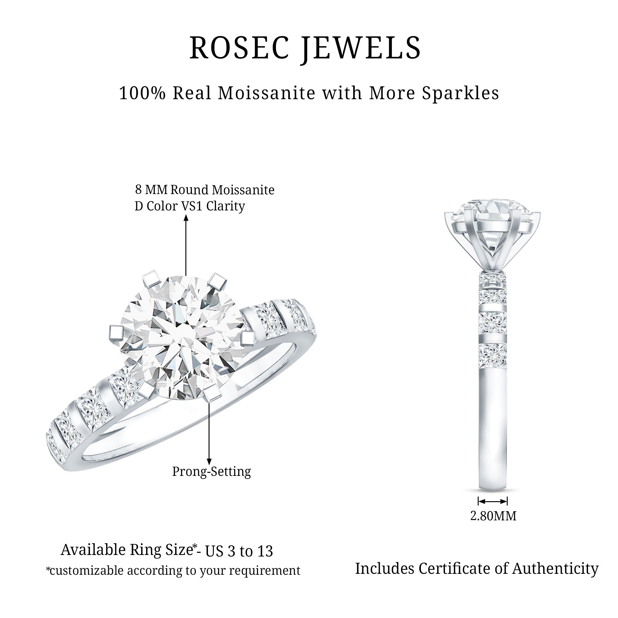Round Cut 2 CT Moissanite Solitaire Engagement Ring with Side Stones D-VS1 - Rosec Jewels