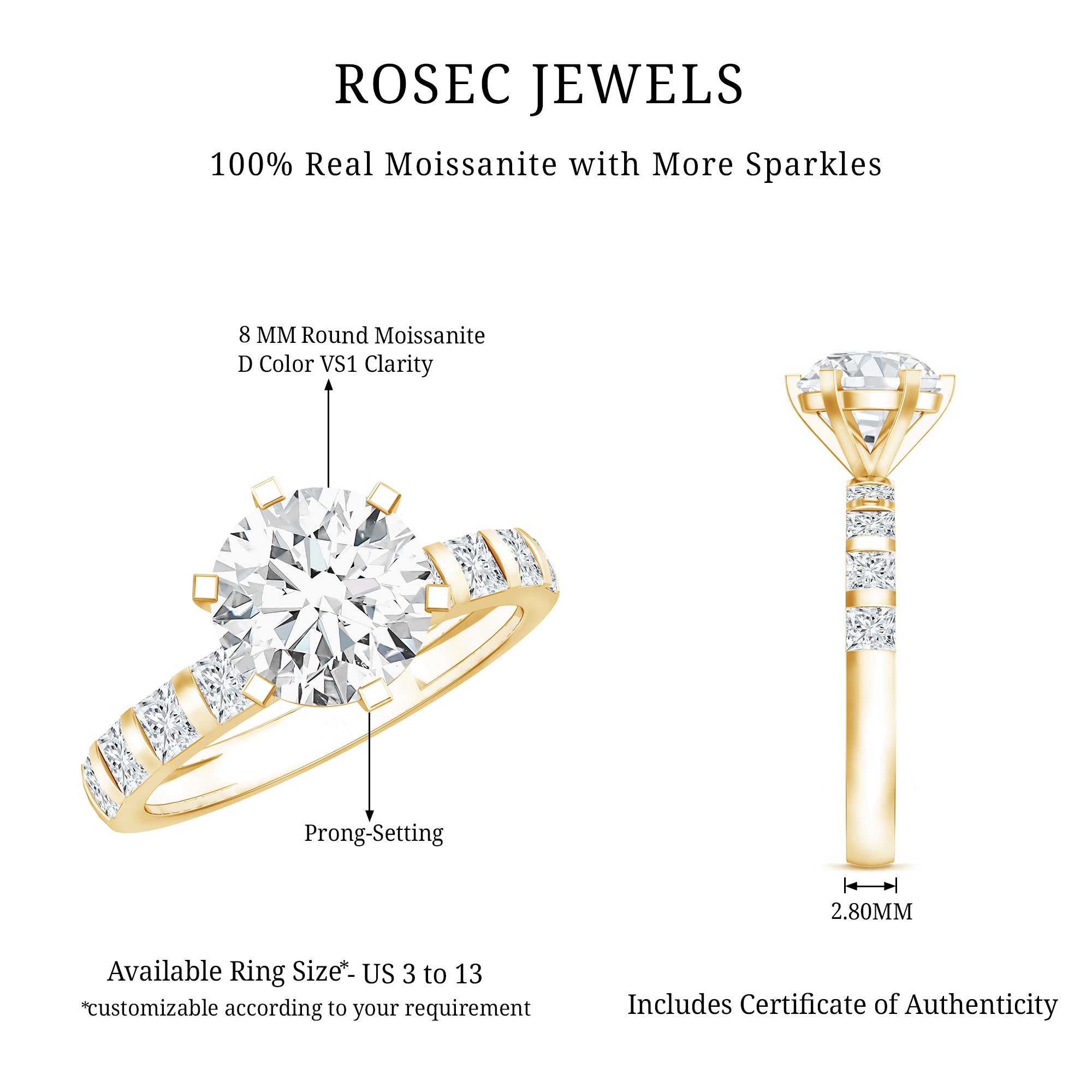 Round Cut 2 CT Moissanite Solitaire Engagement Ring with Side Stones D-VS1 - Rosec Jewels