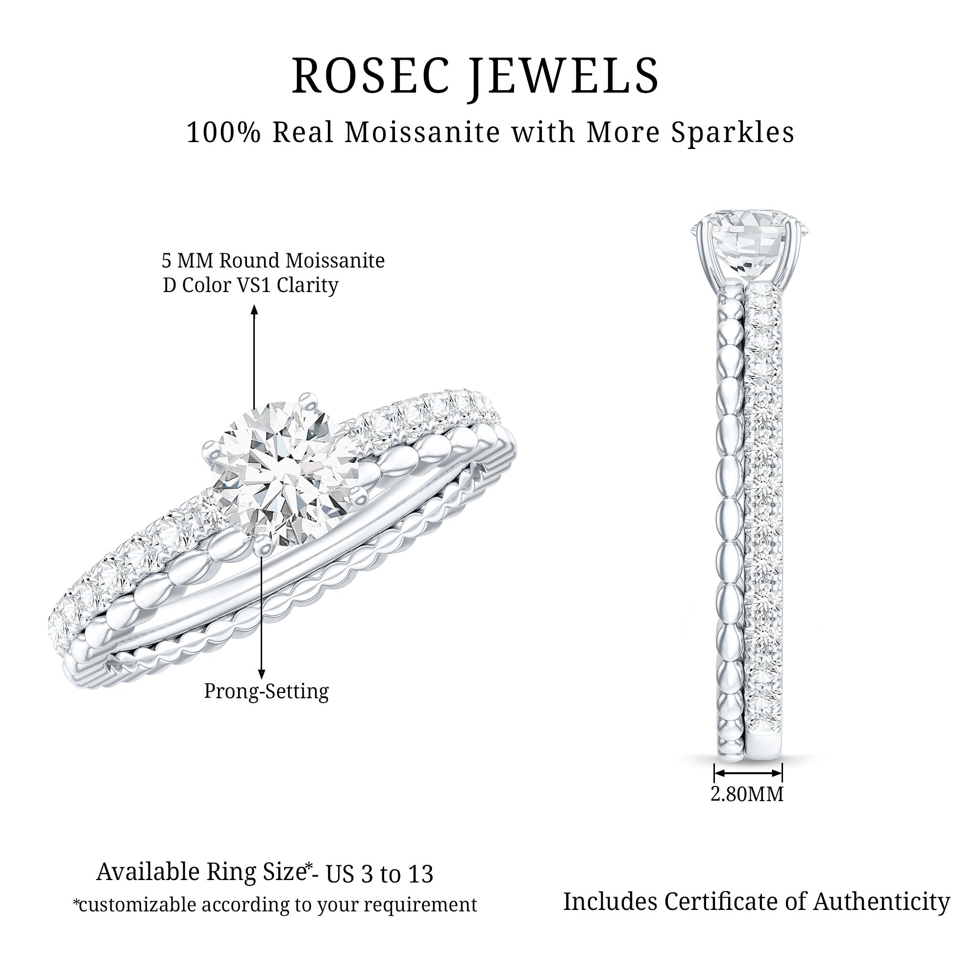 Rosec Jewels-Round Cut Moissanite Designer Engagement Ring With Certificate
