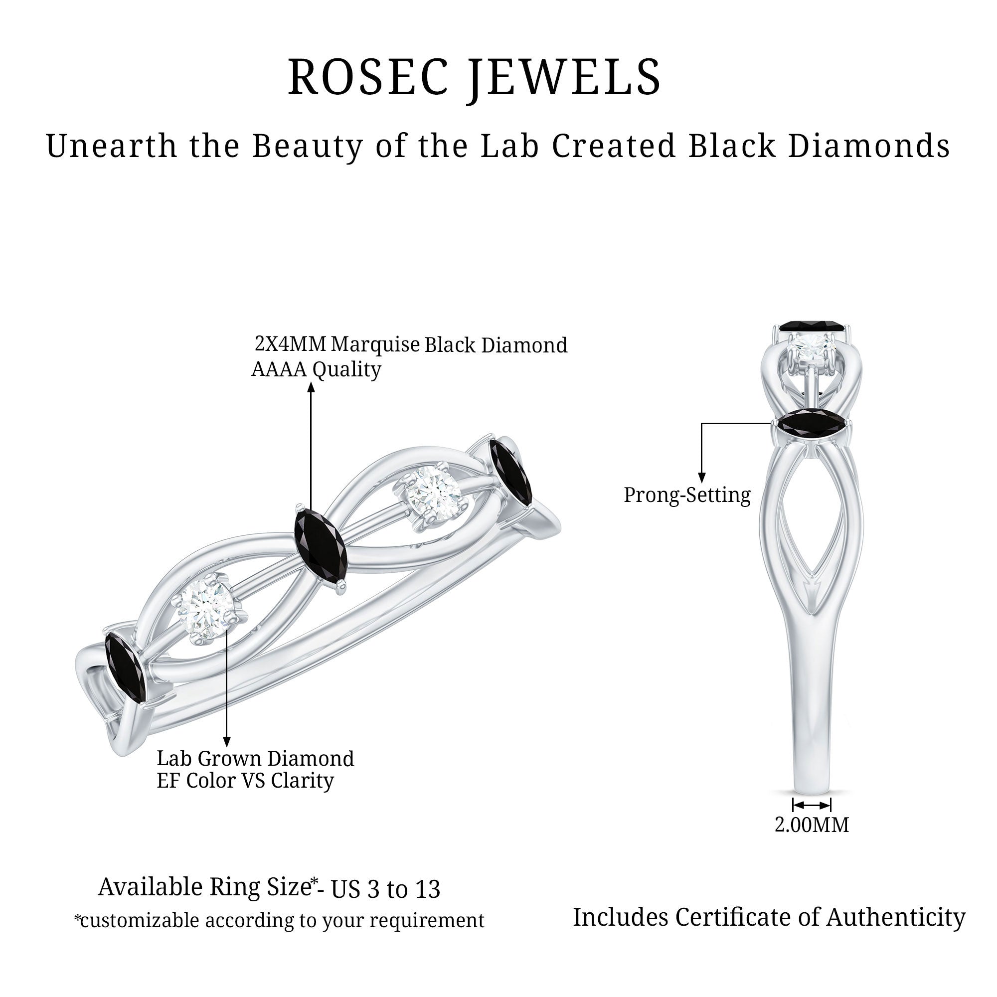 Certified Lab Grown Black Diamond Promise Ring with White Diamond AAAA ( Synthetic ) - Rosec Jewels