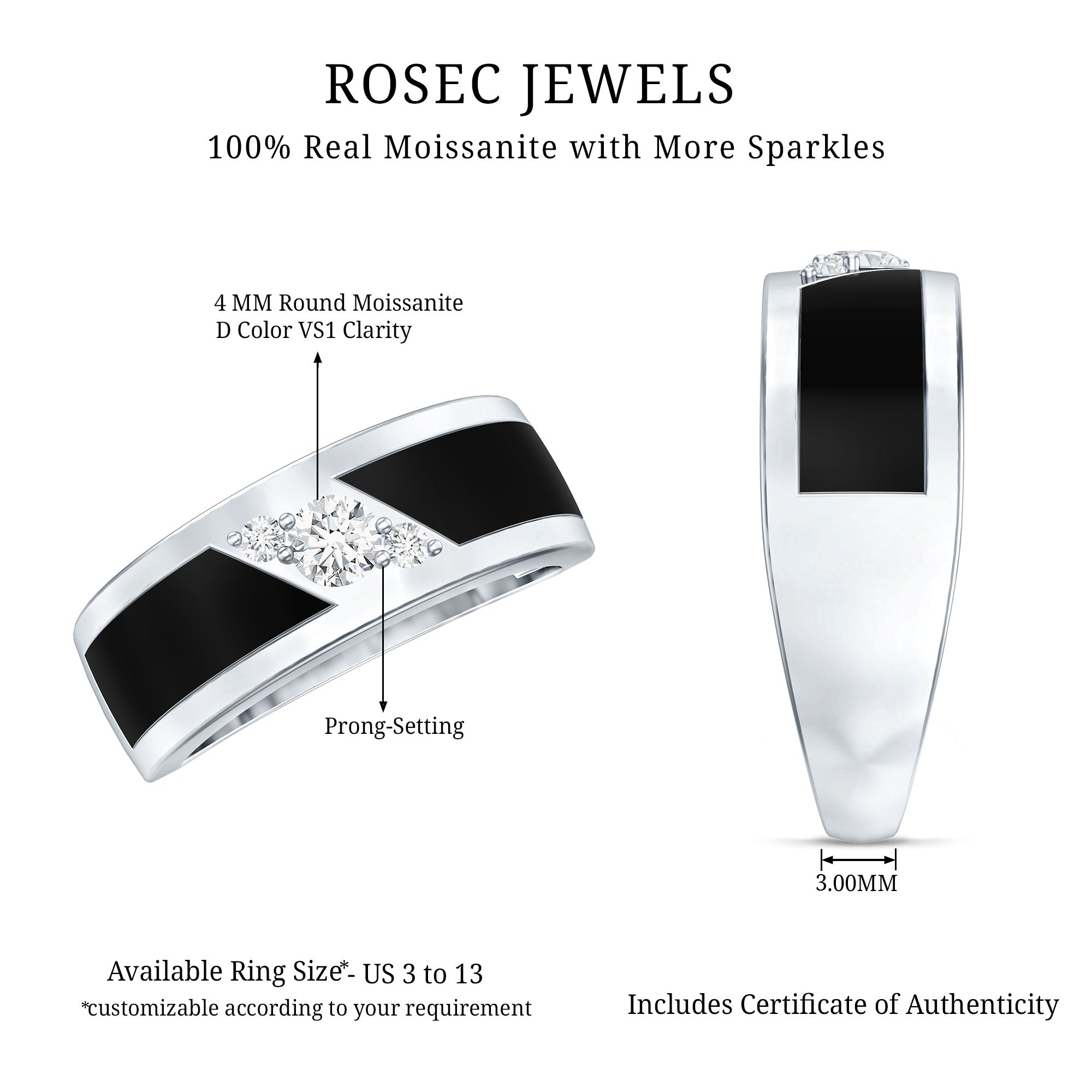 Classic Moissanite Mens Wedding Band Ring D-VS1 - Rosec Jewels