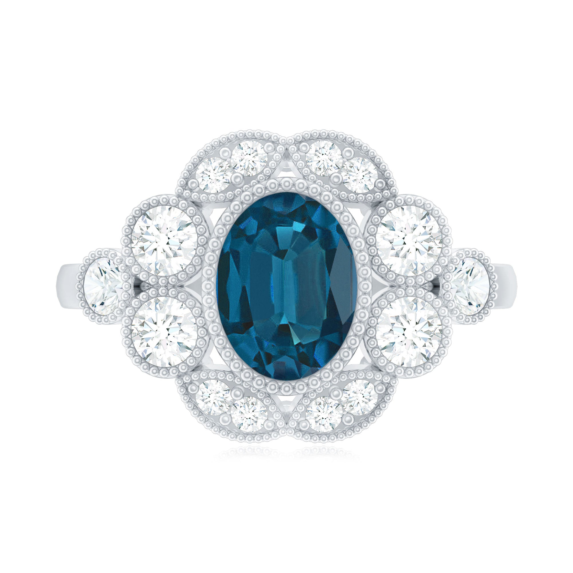 Real Oval London Blue Topaz Vintage Engagement Ring with Diamond AAA - Rosec Jewels