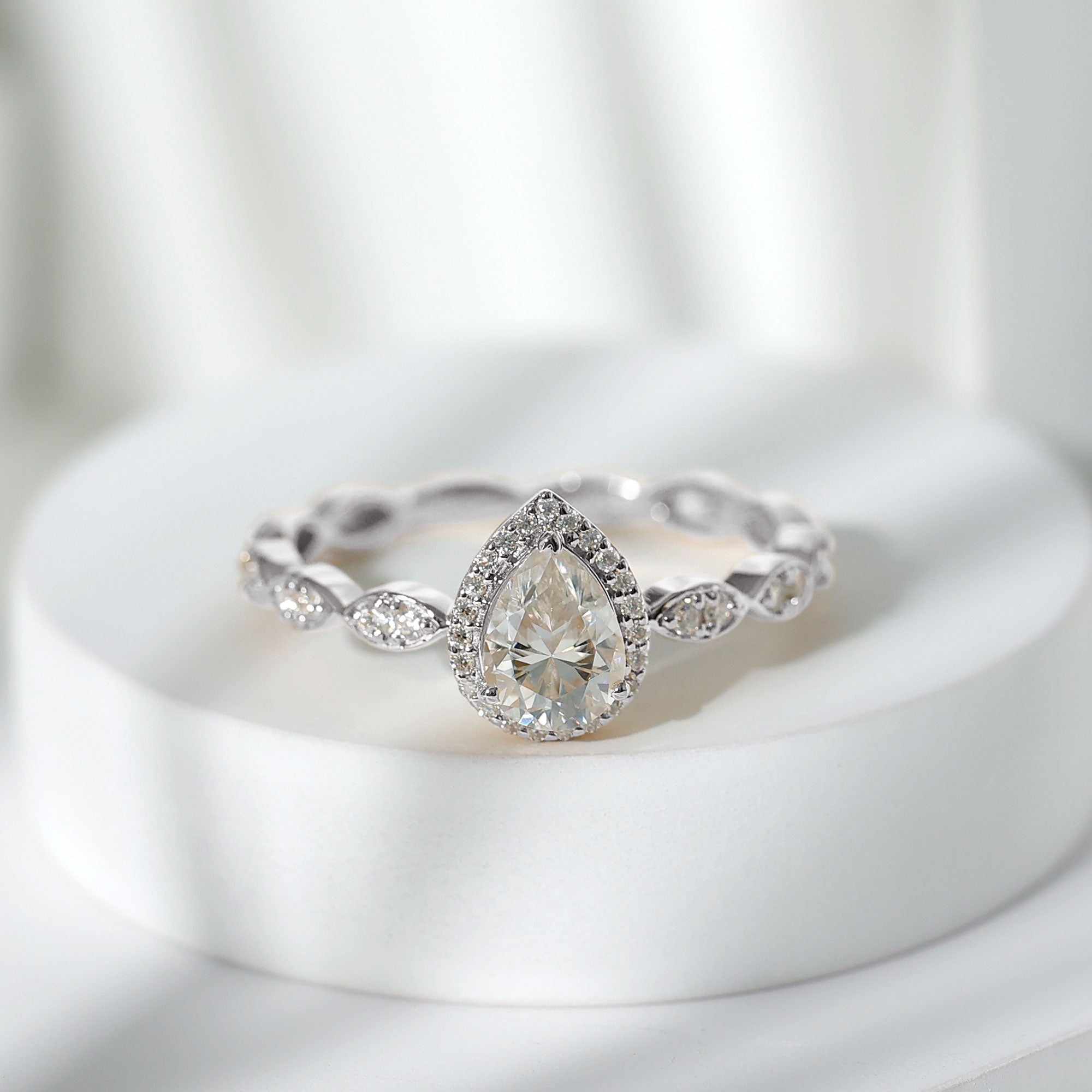 Rosec Jewels-Moissanite Teardrop Engagement Ring with Scalloped Shank
