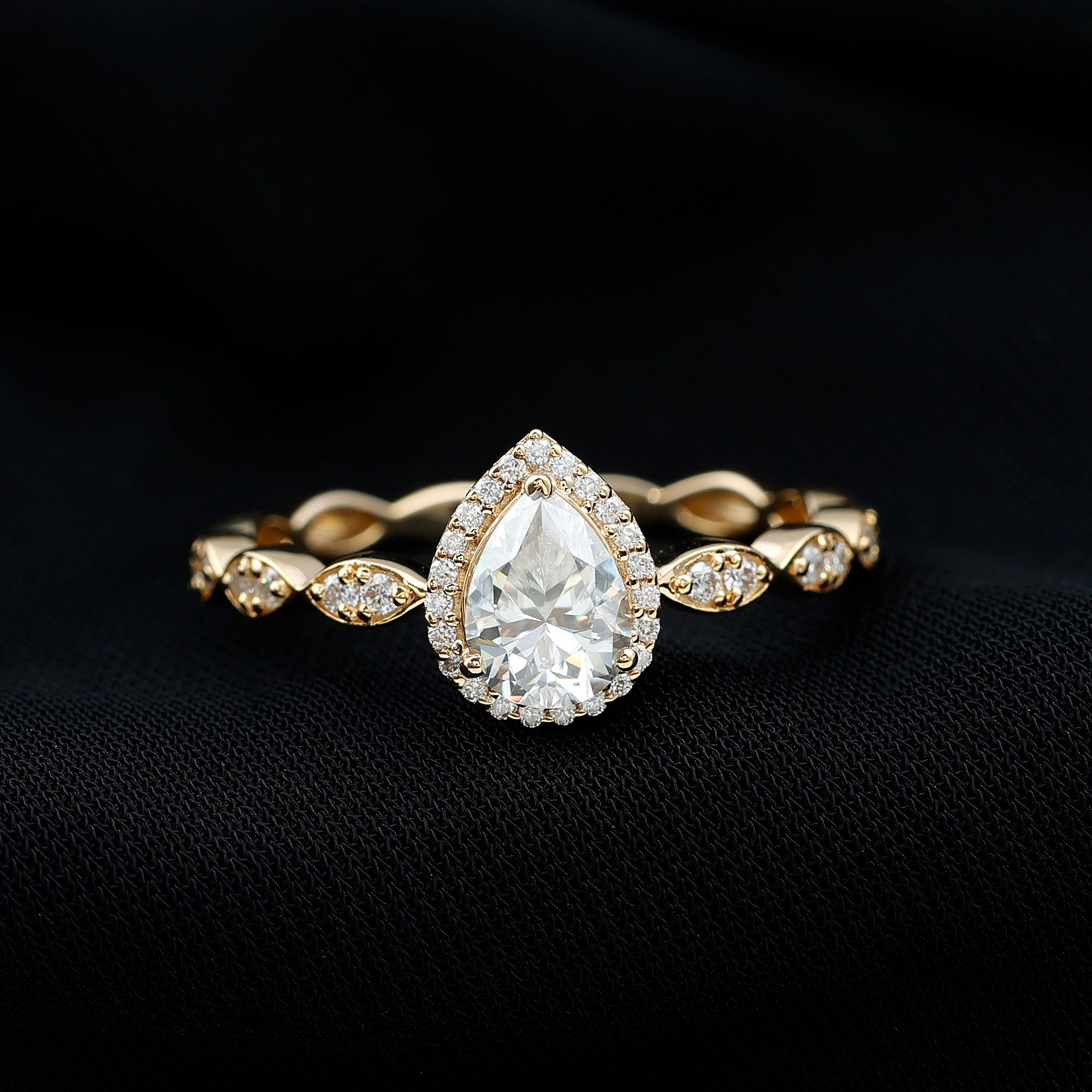 Rosec Jewels-Moissanite Teardrop Engagement Ring with Scalloped Shank