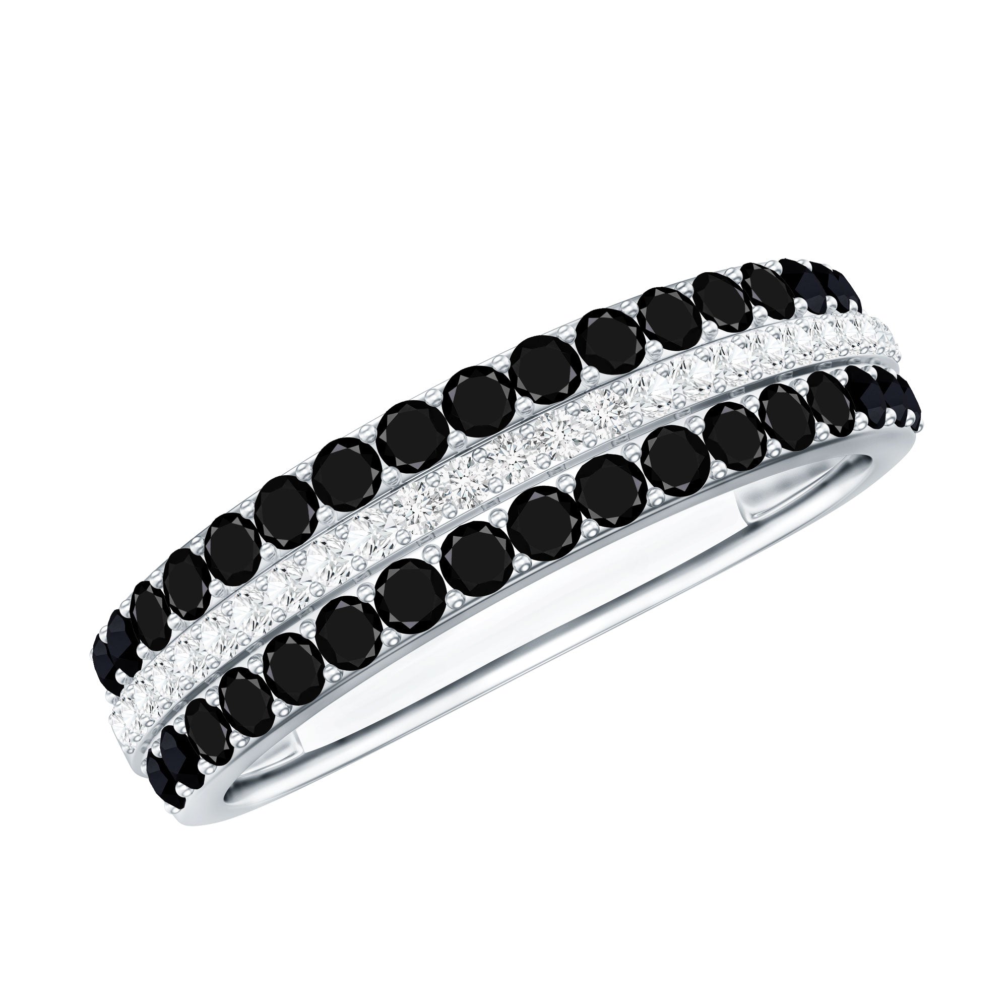 Certified Lab Grown Black and White Diamond Three Row Wedding Band AAAA ( Synthetic ) - Rosec Jewels