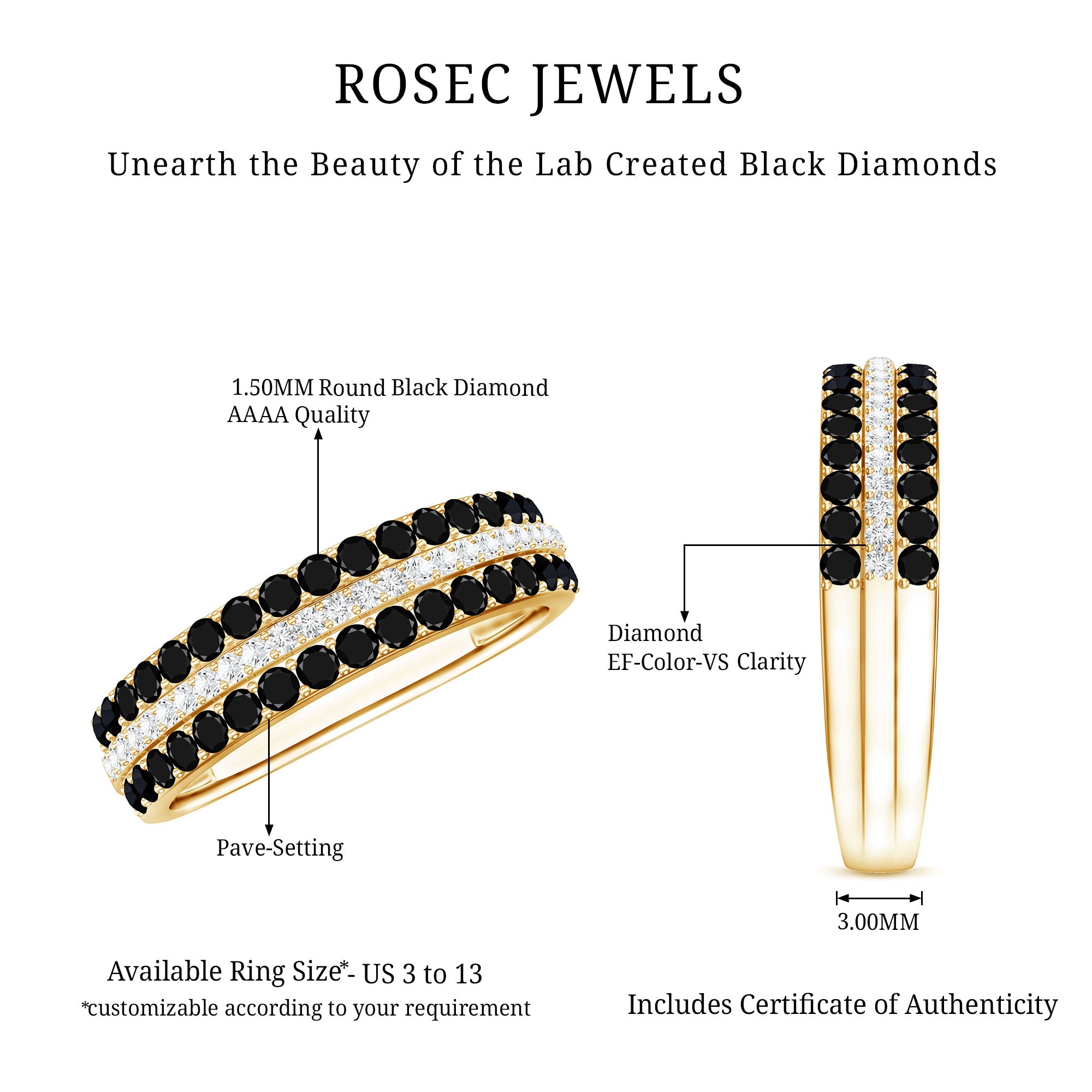 Certified Lab Grown Black and White Diamond Three Row Wedding Band AAAA ( Synthetic ) - Rosec Jewels