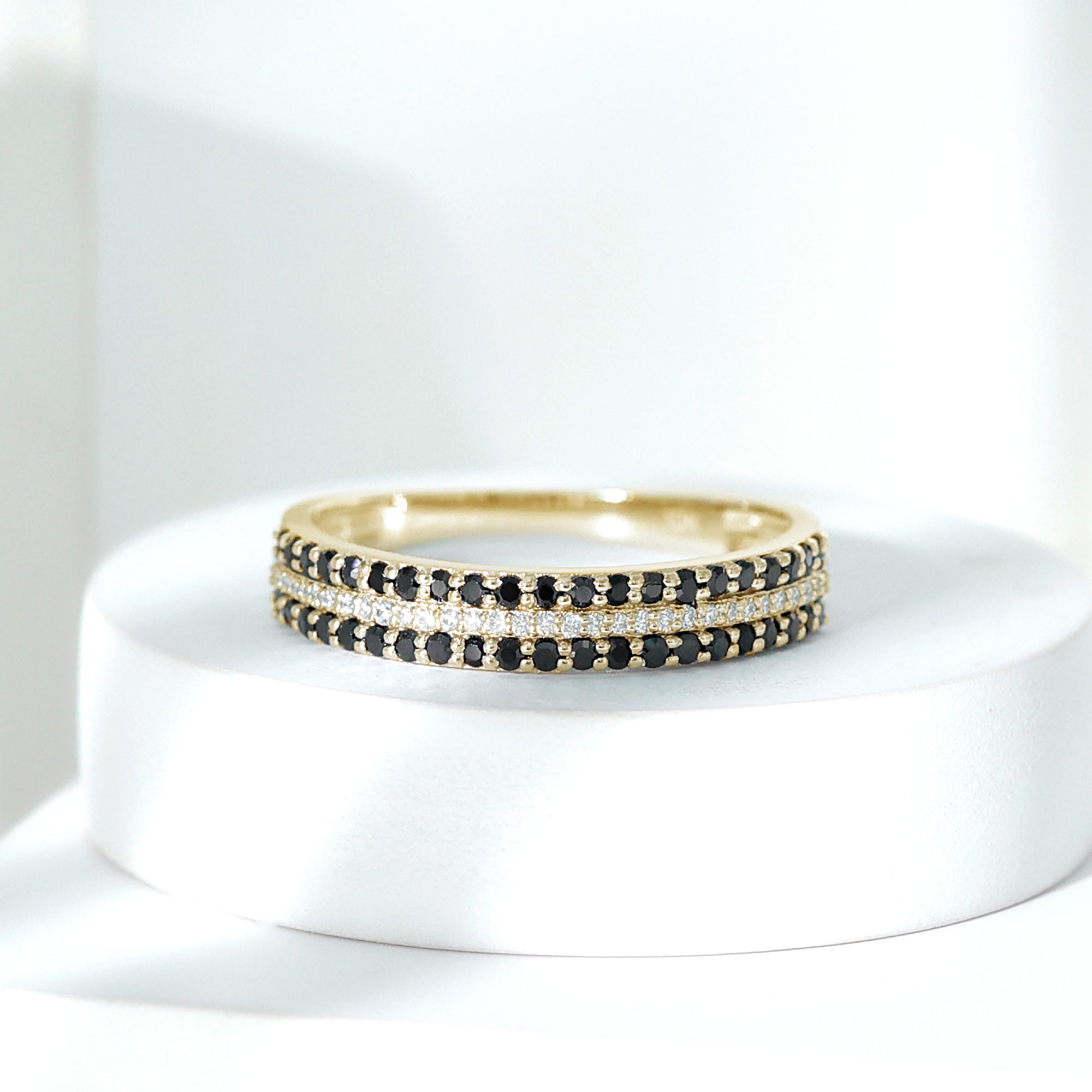 Certified Lab Grown Black and White Diamond Three Row Wedding Band AAAA ( Synthetic ) - Rosec Jewels