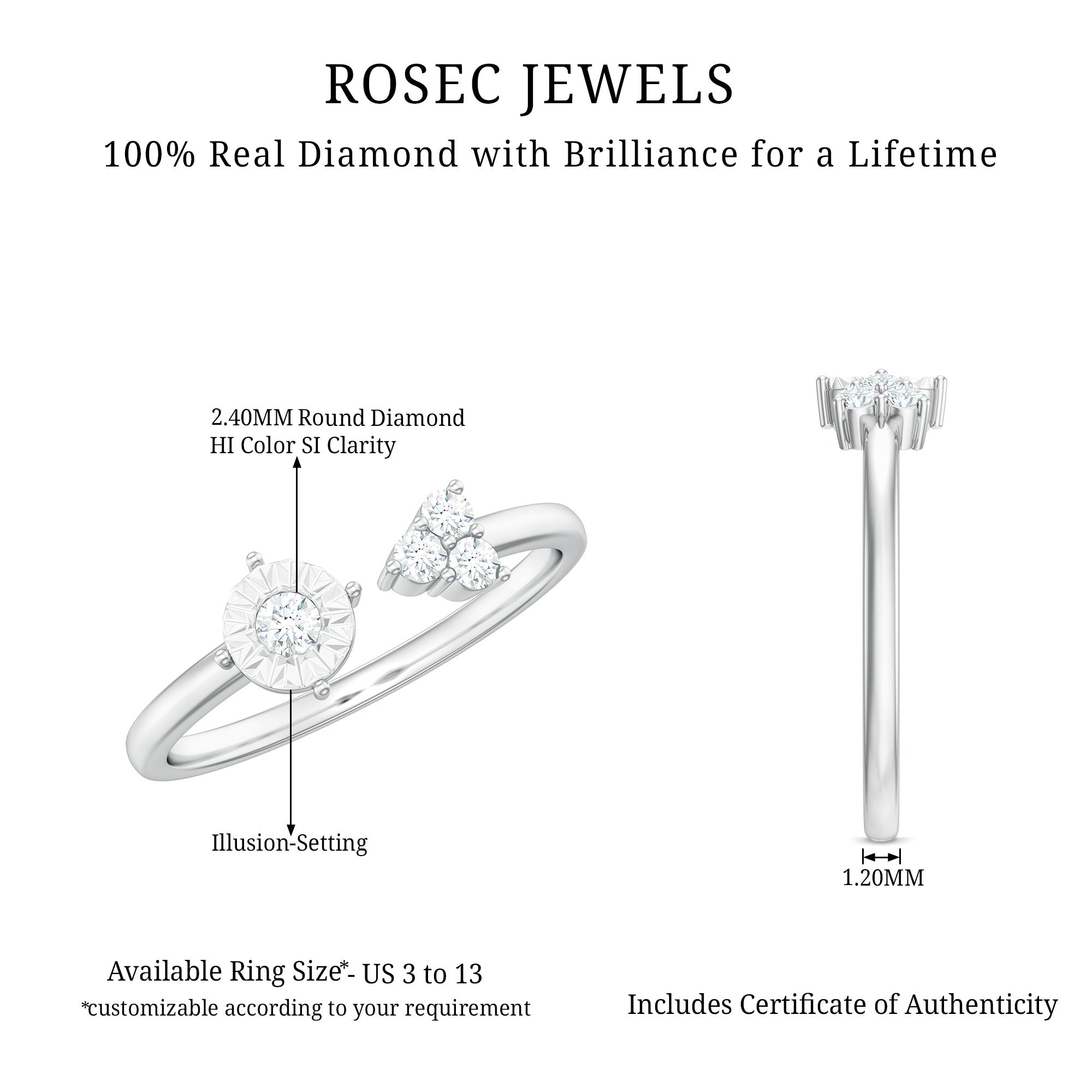 Certified Natural Diamond Cuff Ring for Women Natural - ( HI-SI ) - Rosec Jewels