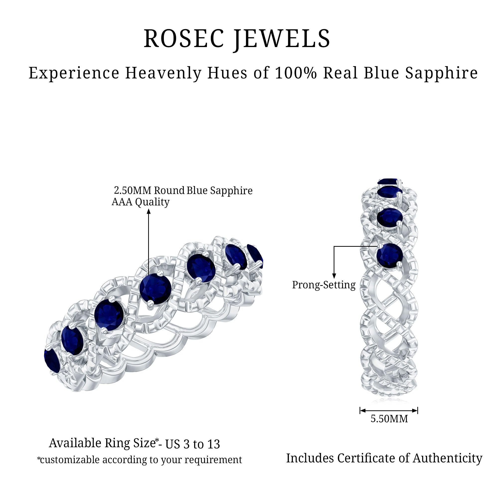 Natural Blue Sapphire Infinity Band For Anniversary AAA - Rosec Jewels