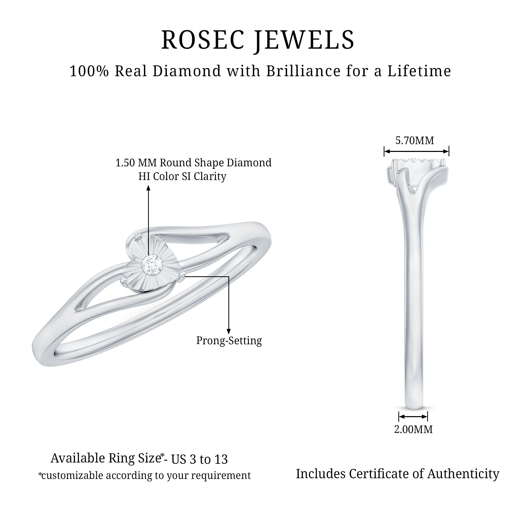 Certified Real Heart Promise Ring with Split Shank Natural - ( HI-SI ) - Rosec Jewels