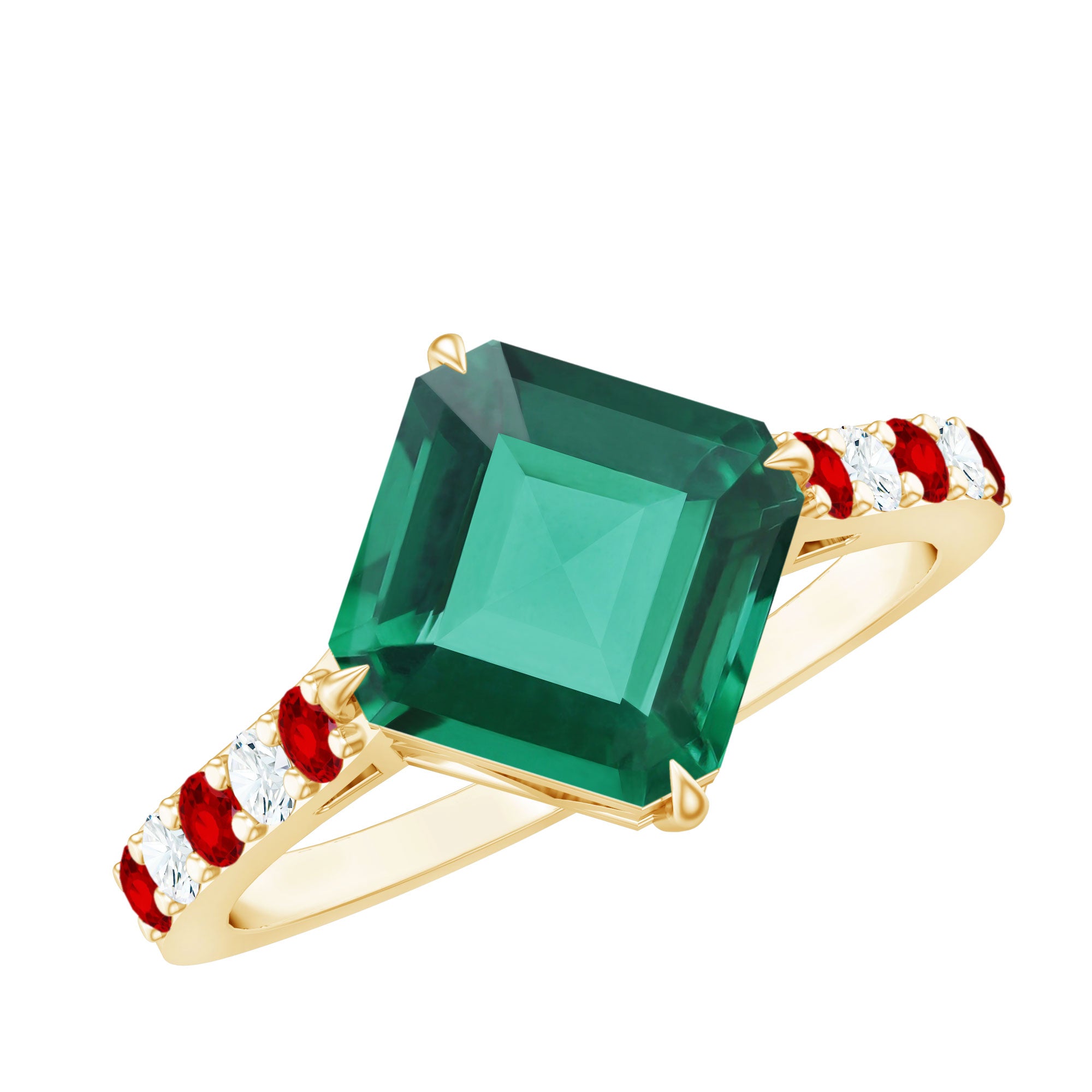 6 Carat Lab Created Emerald Engagement Ring with Lab Ruby and Diamond AAAA - Rosec Jewels