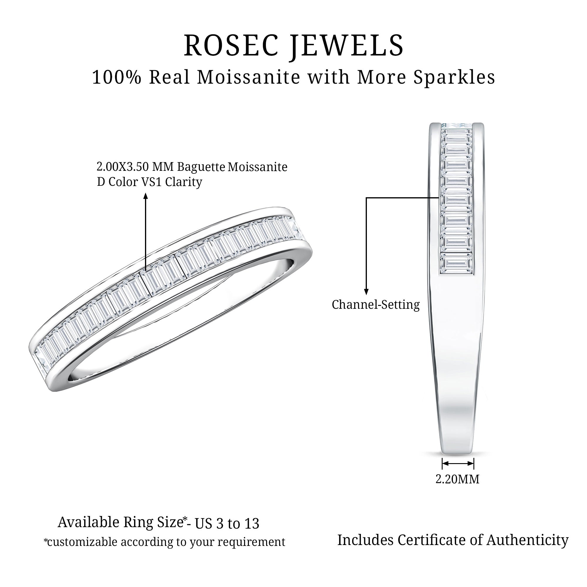 Channel Set Certified Moissanite Half Eternity Band Ring D-VS1 - Rosec Jewels