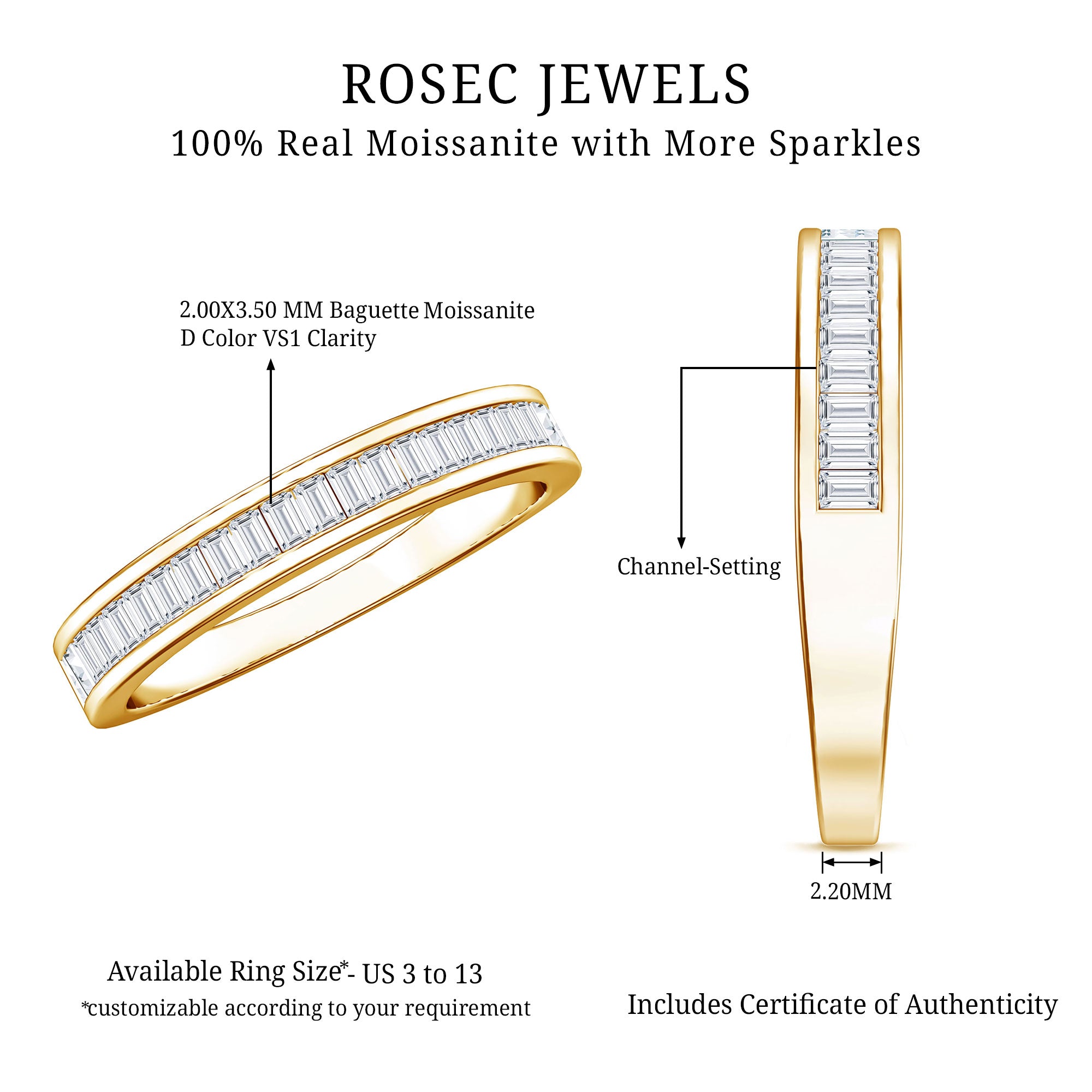 Channel Set Certified Moissanite Half Eternity Band Ring D-VS1 - Rosec Jewels