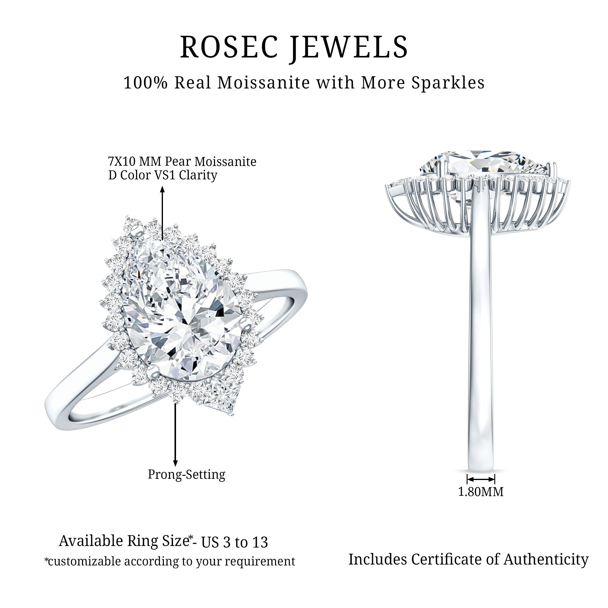 Pear Shape Moissanite Huge Engagement Ring with Halo D-VS1 - Rosec Jewels