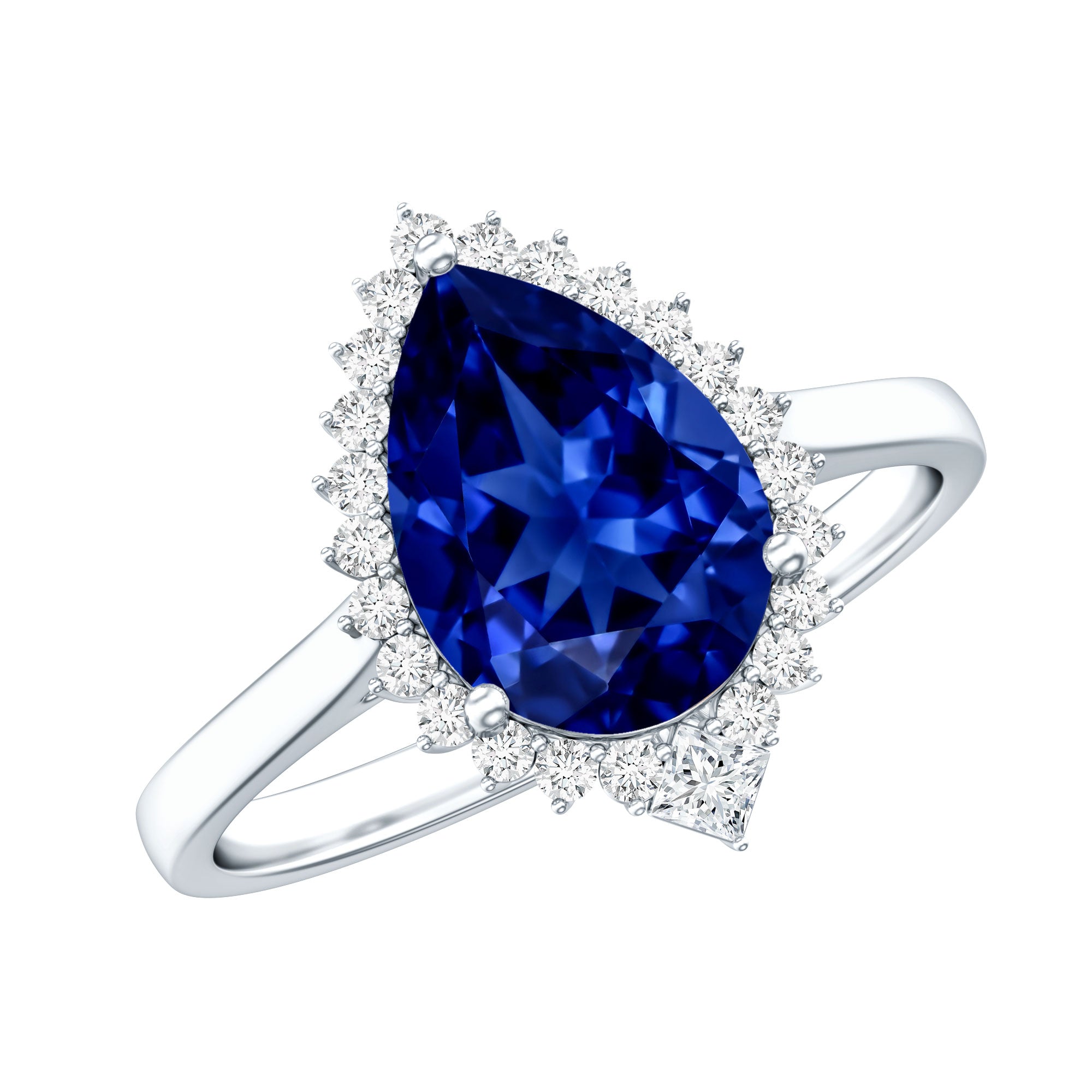 Certified 3 Carat Lab Grown Blue Sapphire Pear Shaped Engagement Ring with Diamond Halo AAAA - Rosec Jewels