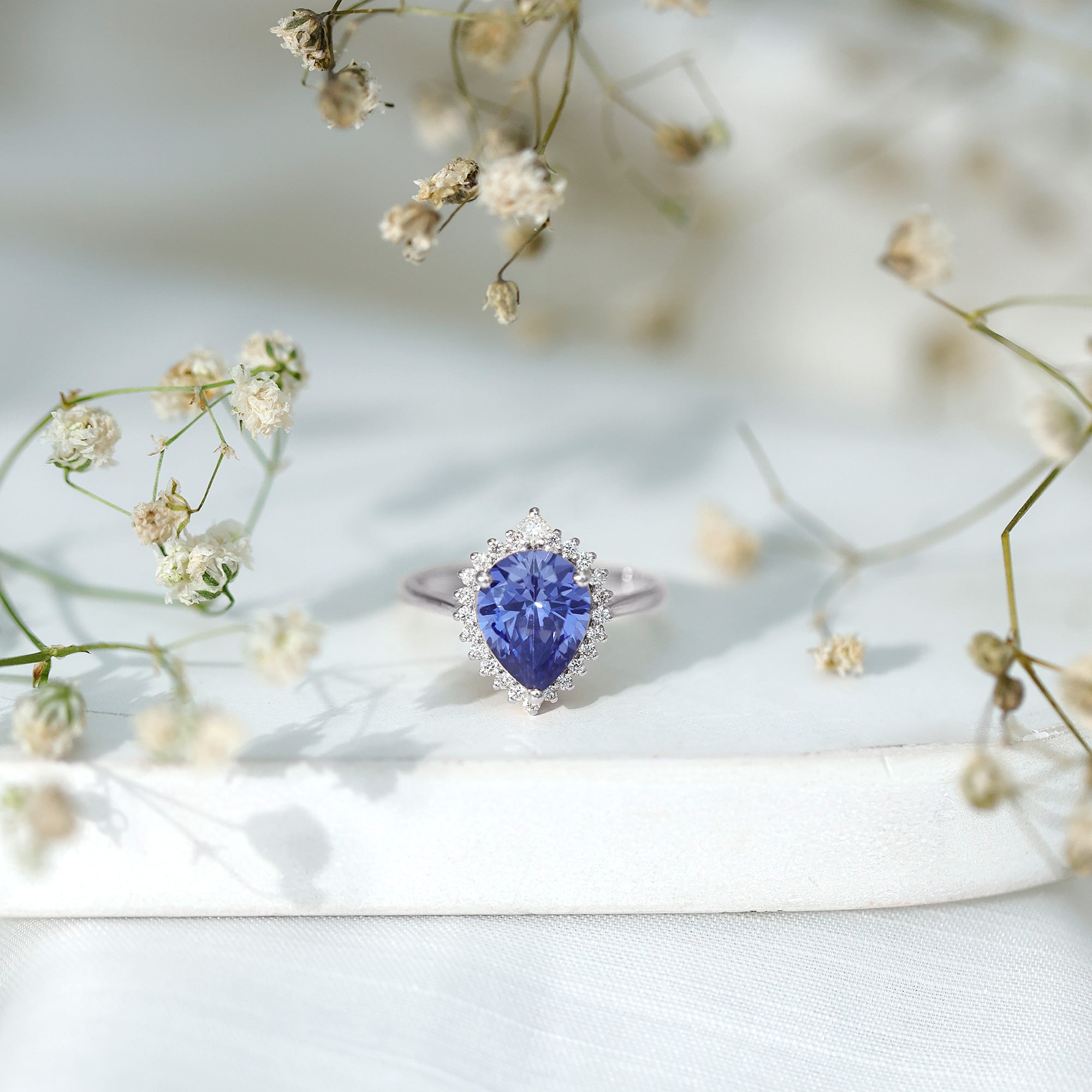 Certified 3 Carat Lab Grown Blue Sapphire Pear Shaped Engagement Ring with Diamond Halo AAAA - Rosec Jewels