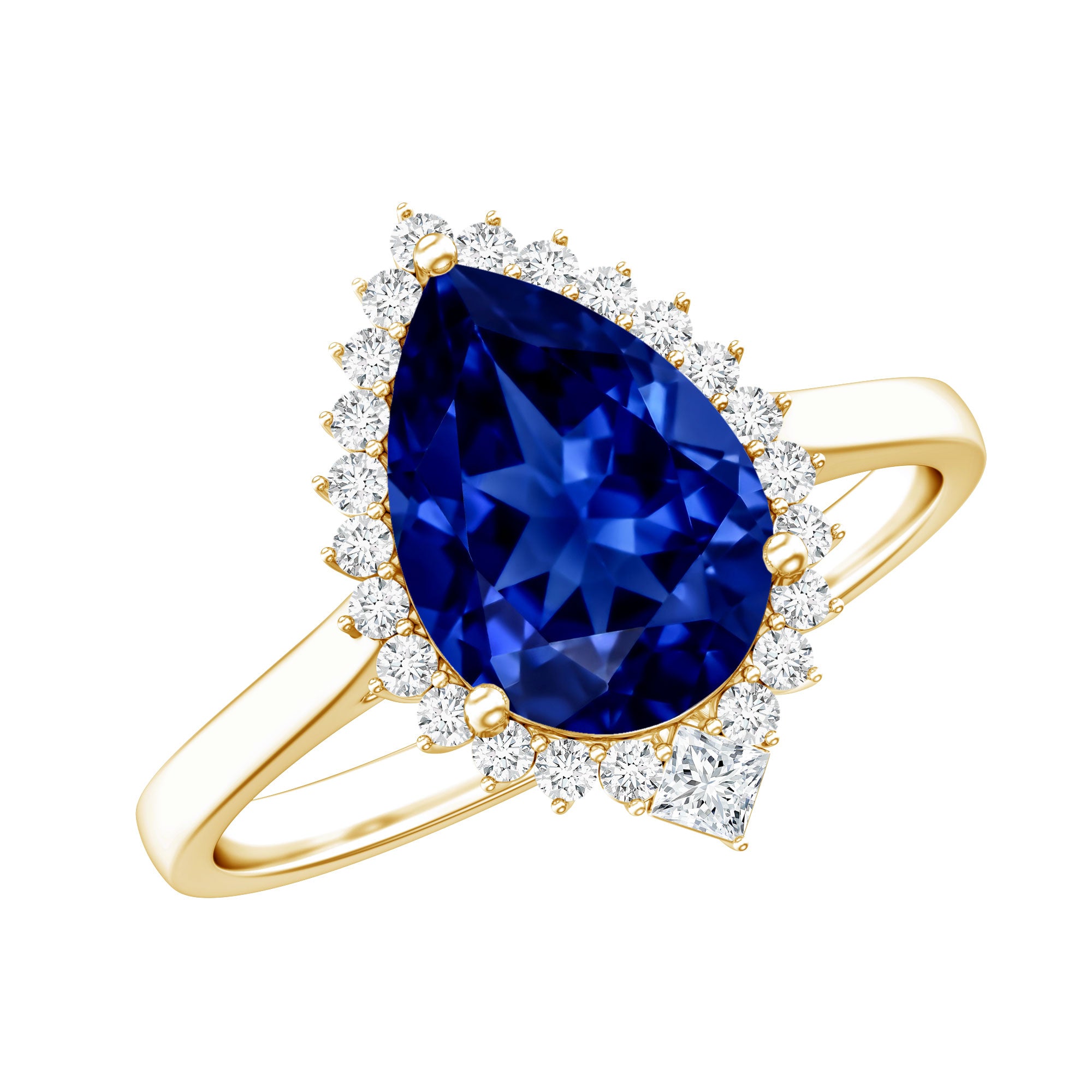 Certified 3 Carat Lab Grown Blue Sapphire Pear Shaped Engagement Ring with Diamond Halo AAAA - Rosec Jewels