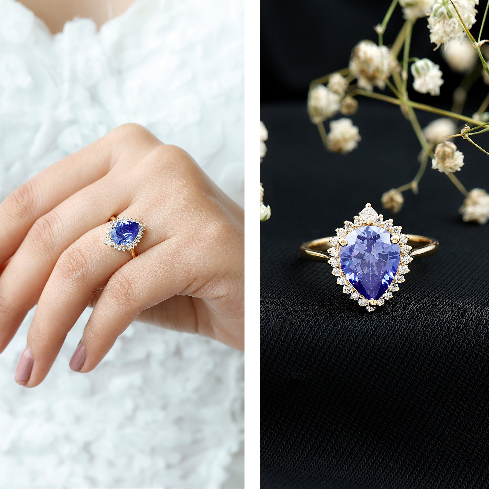 Certified 3 Carat Lab Grown Blue Sapphire Pear Shaped Engagement Ring with Diamond Halo AAAA - Rosec Jewels