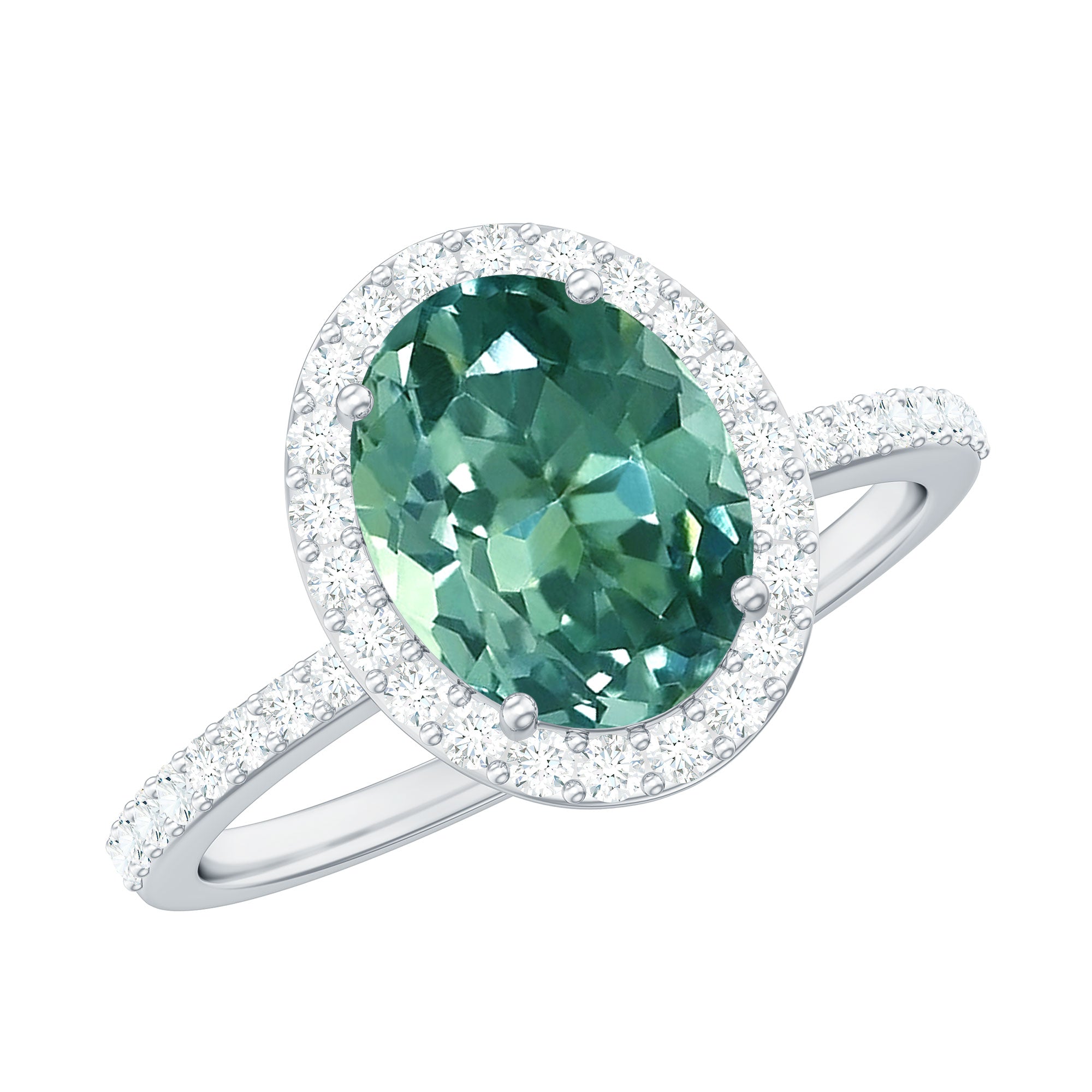 Oval Cut Created Green Sapphire and Diamond Halo Ring