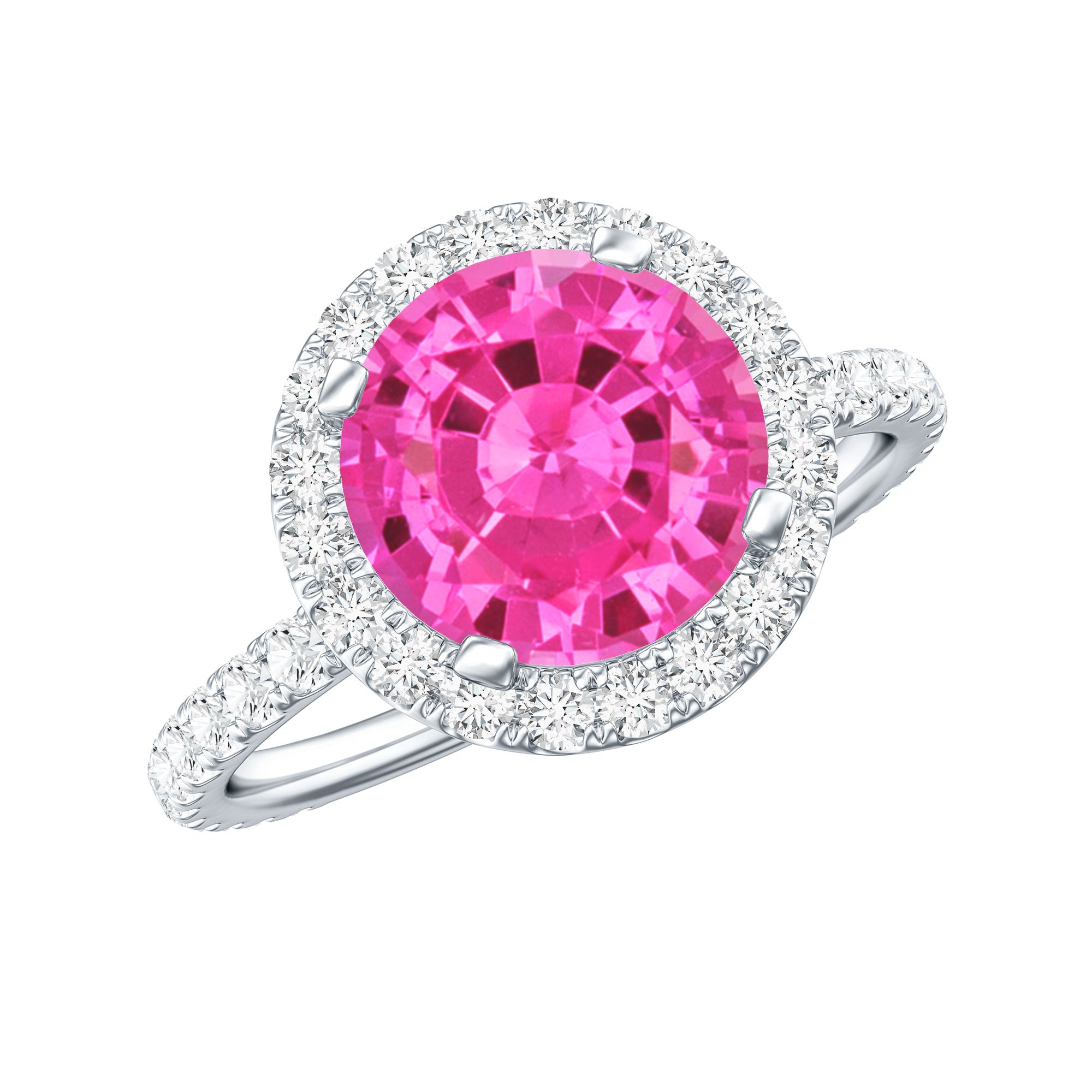2.25 Carat Round Lab Grown Pink Sapphire and Diamond Engagement Ring AAAA - Rosec Jewels