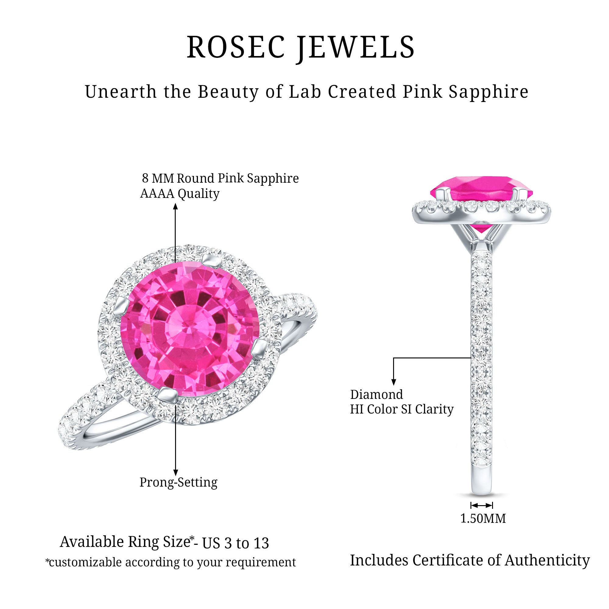2.25 Carat Round Lab Grown Pink Sapphire and Diamond Engagement Ring AAAA - Rosec Jewels